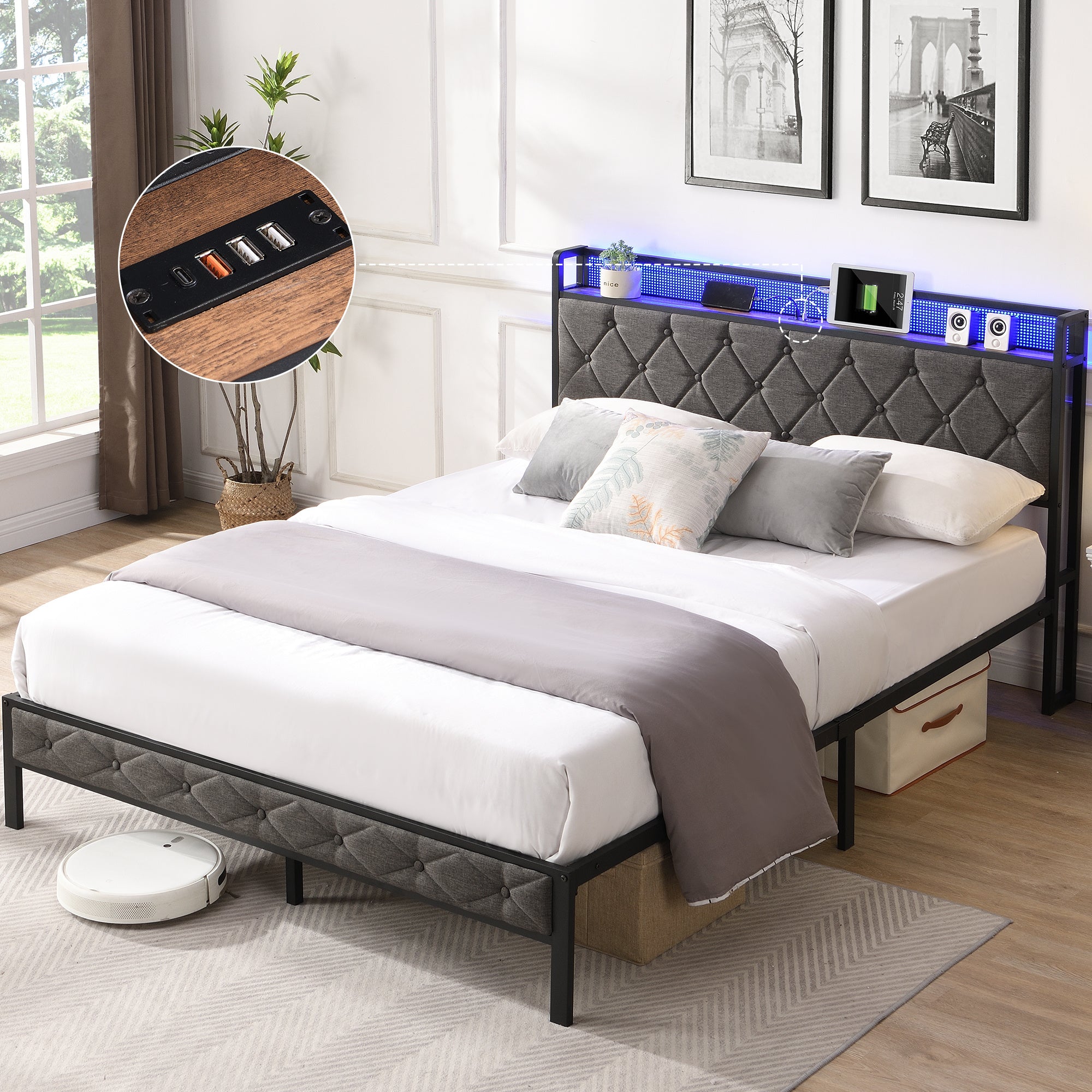 Full Bed Frame with Storage Headboard, Charging Station and LED Lights, Upholstered Platform Bed with Heavy Metal Slats, No Box Spring Needed, Noise Free, Easy Assembly, Dark Gray