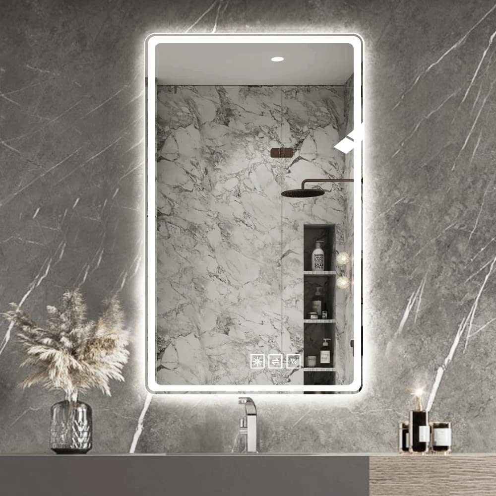 40x32 Inch LED Bathroom Mirror Vanity Mirrors with Front Lights Wall Mounted Anti-Fog Frameless Make Up Mirror with Light 5 mm Copper-Free Silver Mirror Horizontal or Vertical