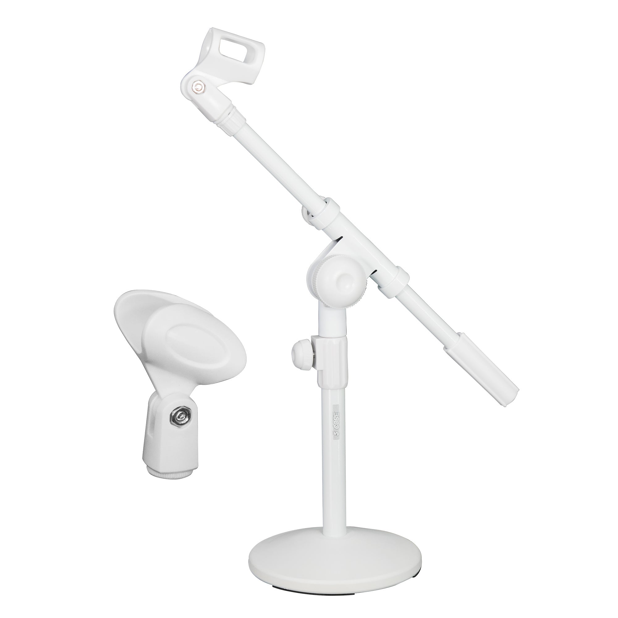 5 Core Desk Microphone Stand White • Adjustable Height Extendable Boom Arm • Table Mic Holder w Round Base Anti Slip Pad • Universal Mic Clip and 3/8'' and 5/8'' Thread Adapter- MSSB W