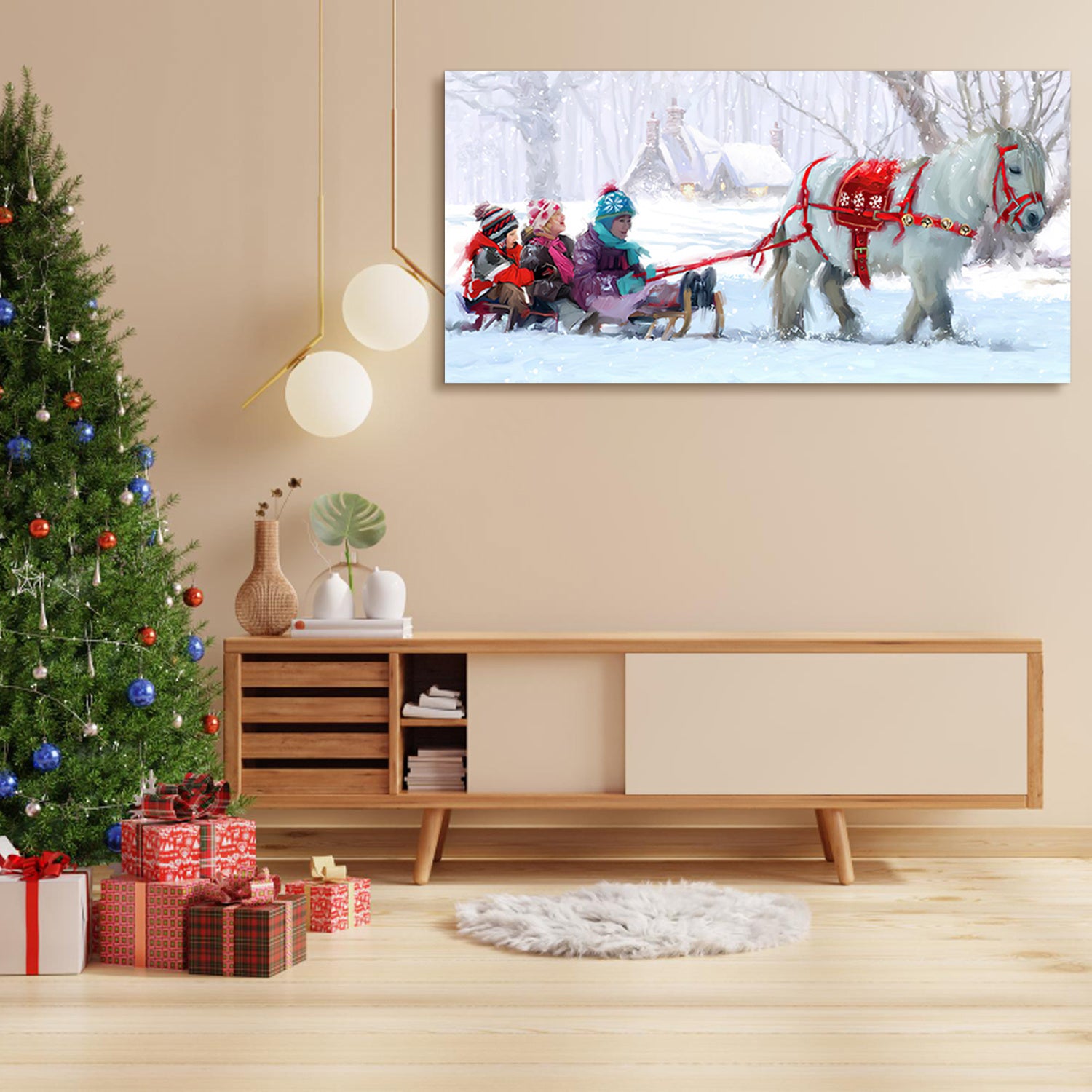 Framed Canvas Wall Art Decor Painting For Chrismas, Kids on White Horse Sledge Painting For Chrismas Gift, Decoration For Chrismas Eve Office Living Room, Bedroom Decor-Ready To Hang