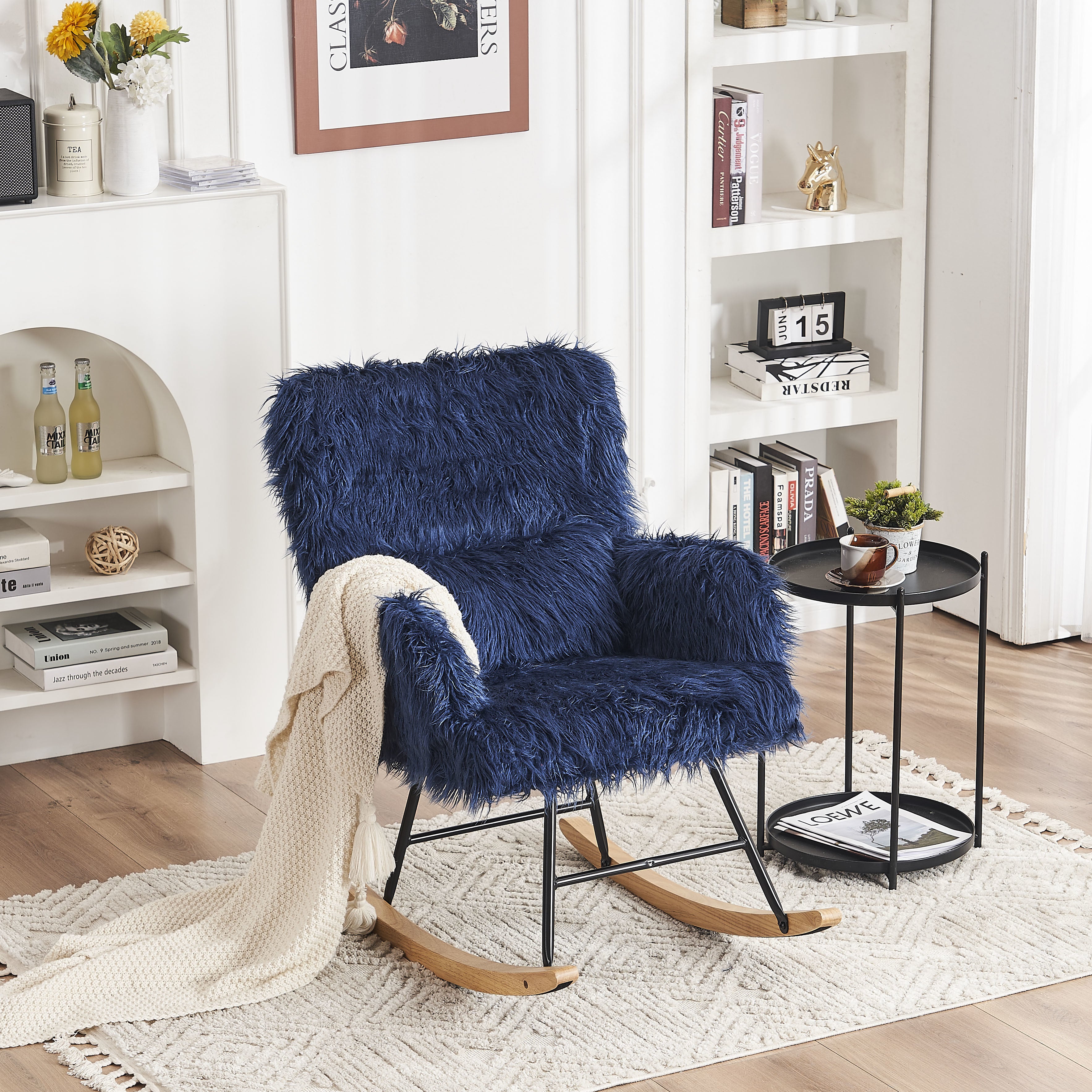 Rocking Chair Nursery, Solid Wood Legs Reading Chair with Lazy plush Upholstered and Waist Pillow, Nap Armchair for Living Rooms, Bedrooms, Offices, Best Gift,Blue