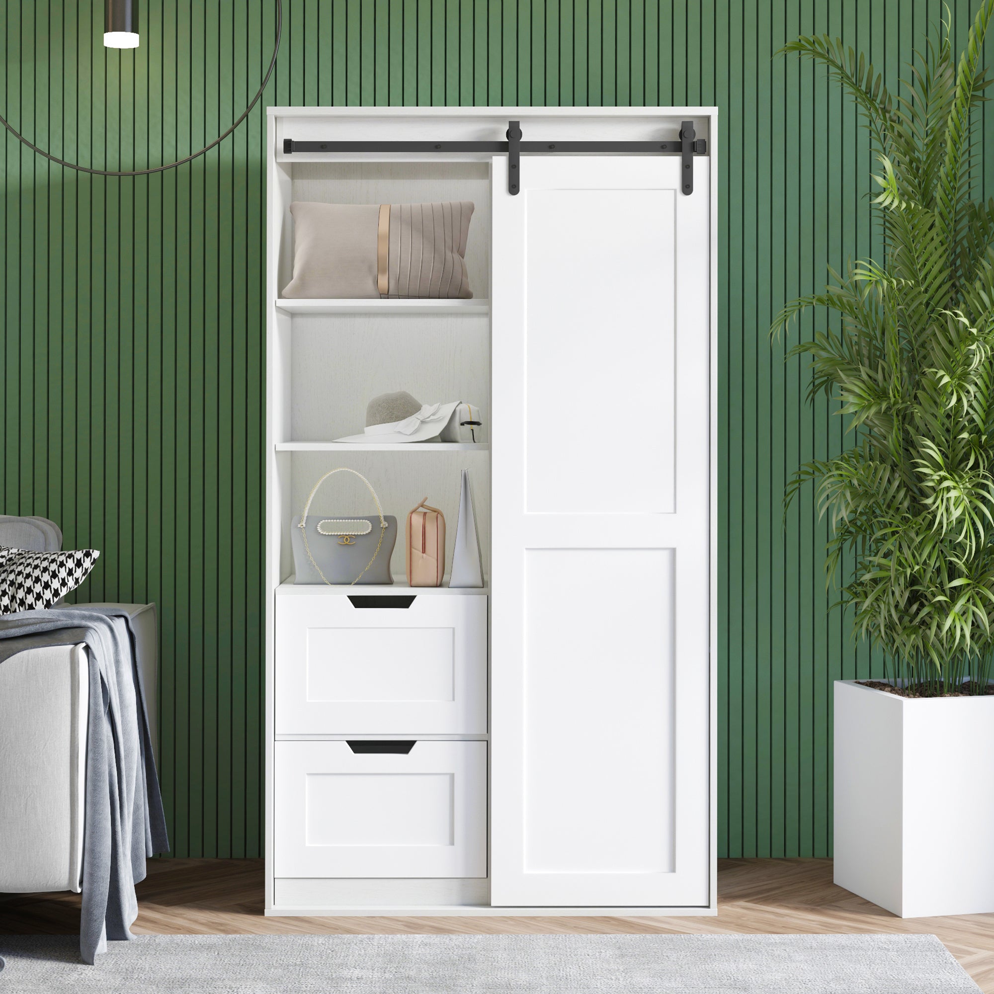 71-inch closets,large closets laundry cabinets,Plastic suction process,farm slide barndoors,save open space,brand hardware,silent slide,can be used for the bedroom,cloakroom,livingRoom,color:white