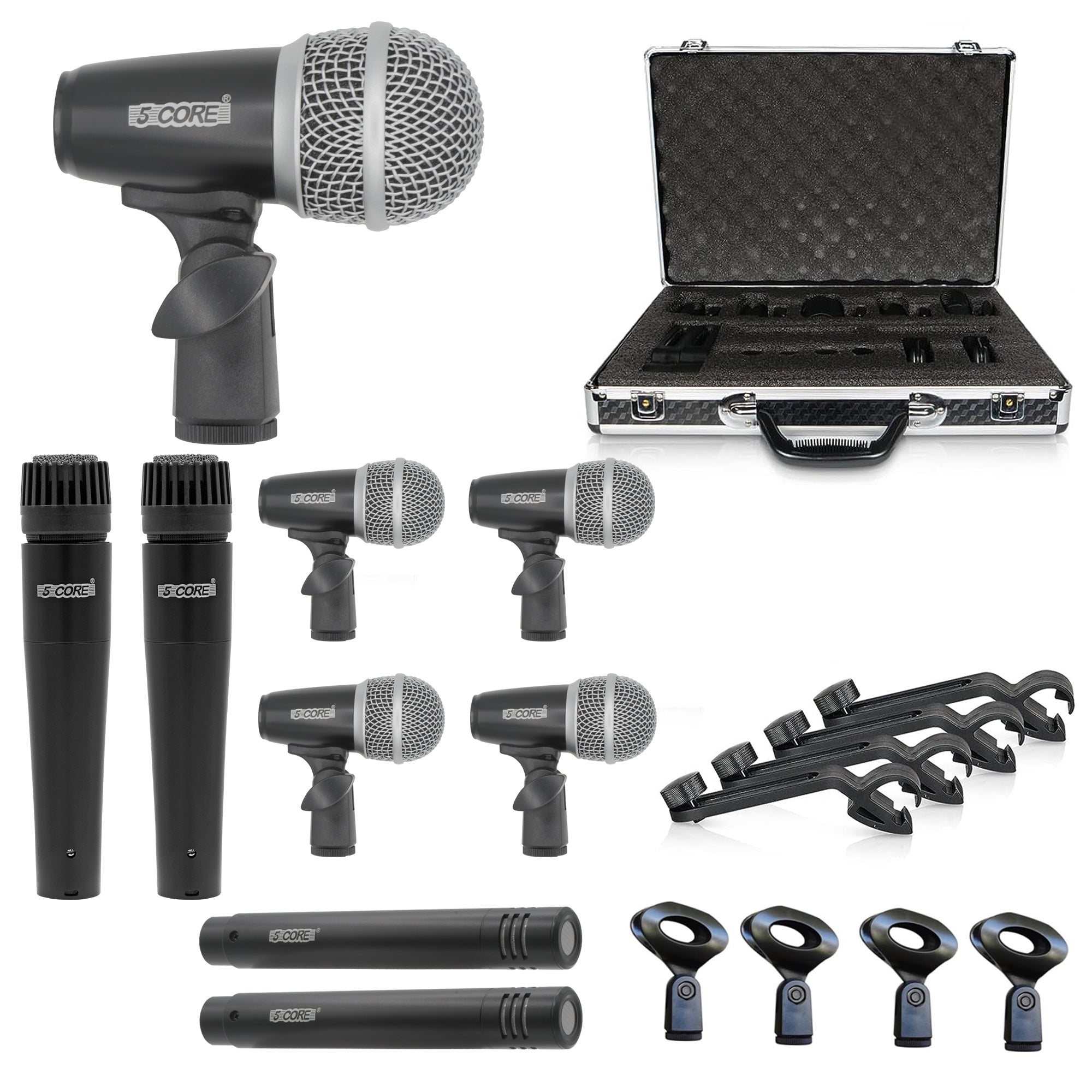 5 Core Drum Microphone Kit 9 Piece Full Metal Dynamic Wired Drums Mic Set for Drummers w Kick Bass Tom Snare + Carrying Silver Case Sponge Thread Holder for Vocal & Other Instrument - DM 9RND