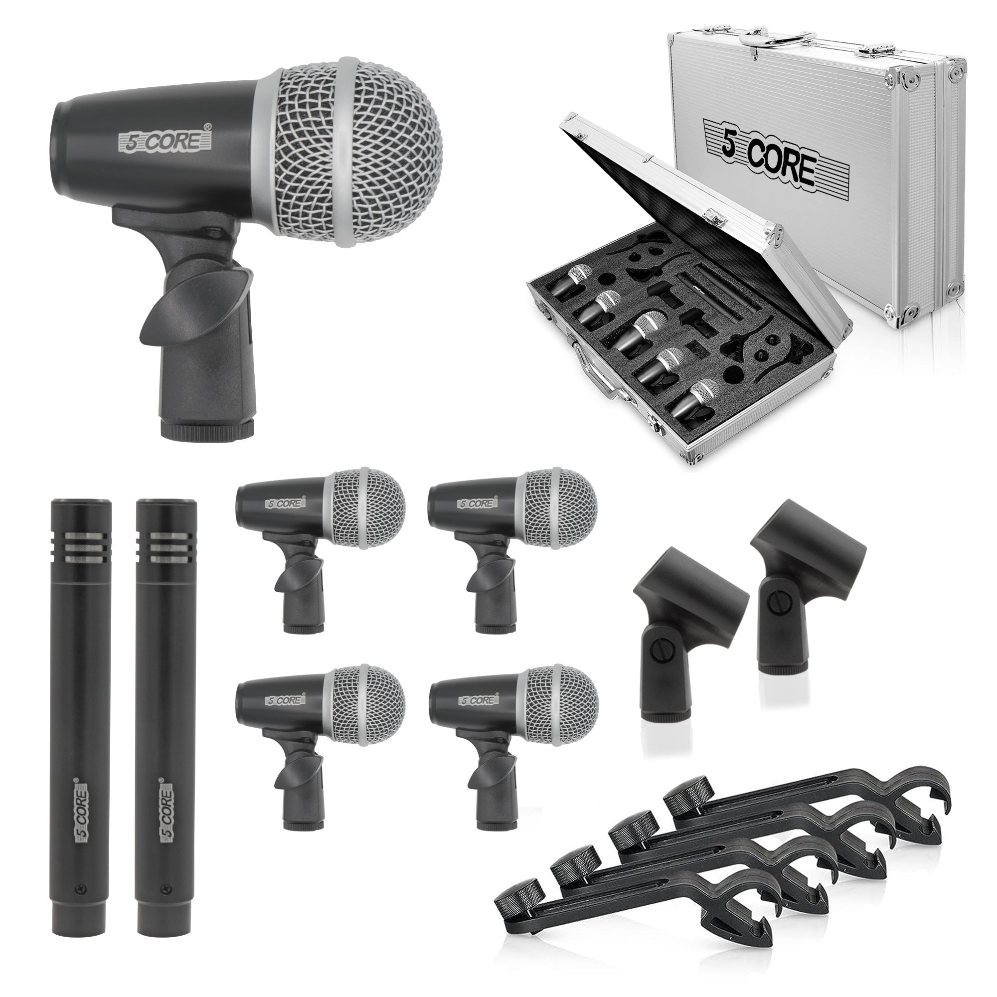 5 Core Drum Microphone Kit 7 Piece Full Metal Dynamic Wired Drums Mic Set for Drummers with Kick Bass Tom Snare + Carrying Silver Case Sponge & Thread Holder for Vocal & Instrument - DM 7RND