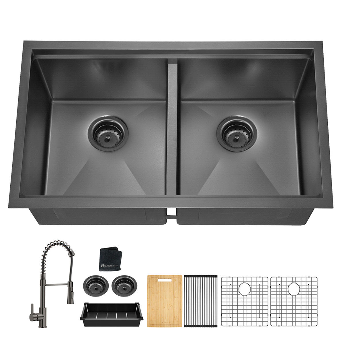 All In One 33x19Inch Undermount Gunmetal Black Double Bowl Kitchen Sink 18 Guage Stainless Steel With Faucet