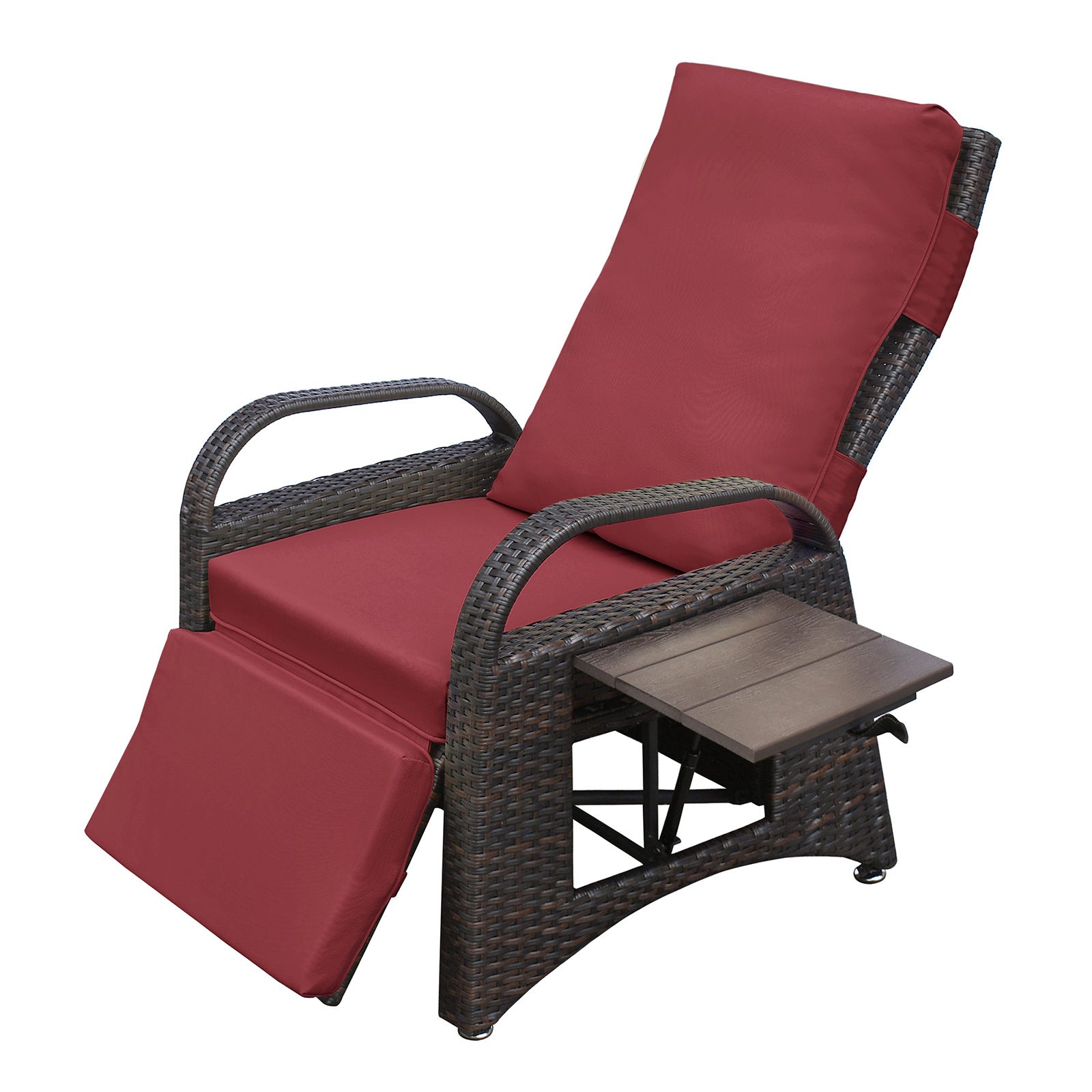 Outdoor Recliner Chair,PE Wicker Adjustable Reclining Lounge Chair and Removable Soft Cushion, with Modern Armchair and Ergonomic for Home, Sunbathing or Relaxation (Brown + Red)