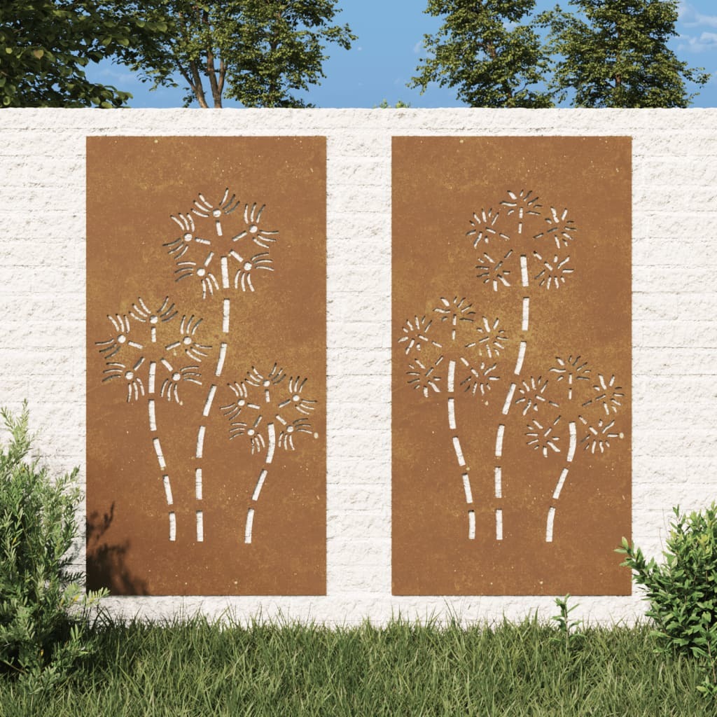 Patio Wall Decorations 2pcs 41.3"x21.7" Corten Steel Flower Design