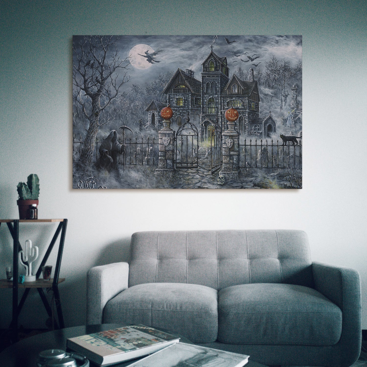 Drop-Shipping Framed Canvas Wall Art Decor Painting For Halloween, Haunted Ghost Hause Painting For Halloween Gift, Decoration For Halloween Office Living Room, Bedroom Decor-Ready To Hang