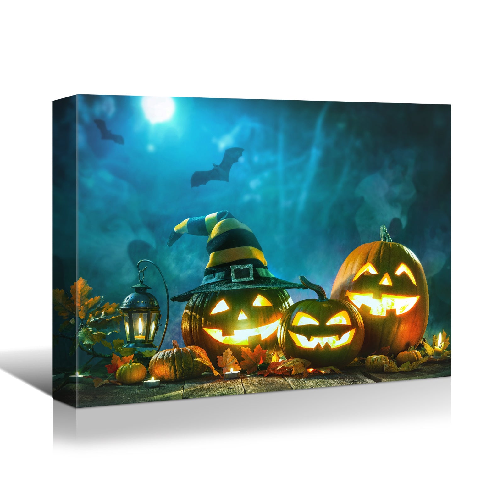 Drop-Shipping Framed Canvas Wall Art Decor Painting For Halloween, Jack-o-lanterns with Wizard Hat Painting For Halloween Gift, Decoration For Halloween Living Room, Bedroom Decor-Ready To Hang