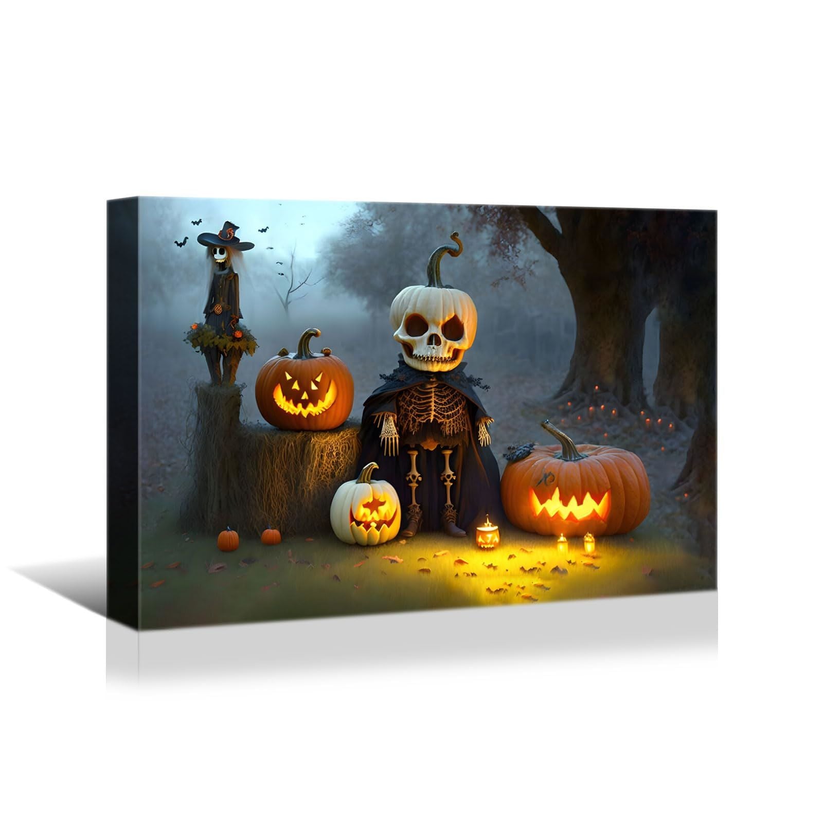 Drop-Shipping Framed Canvas Wall Art Decor Painting For Halloween, Skeleton with Jack-o-lanterns Painting For Halloween Gift, Decoration For Halloween Living Room, Bedroom Decor-Ready To Hang