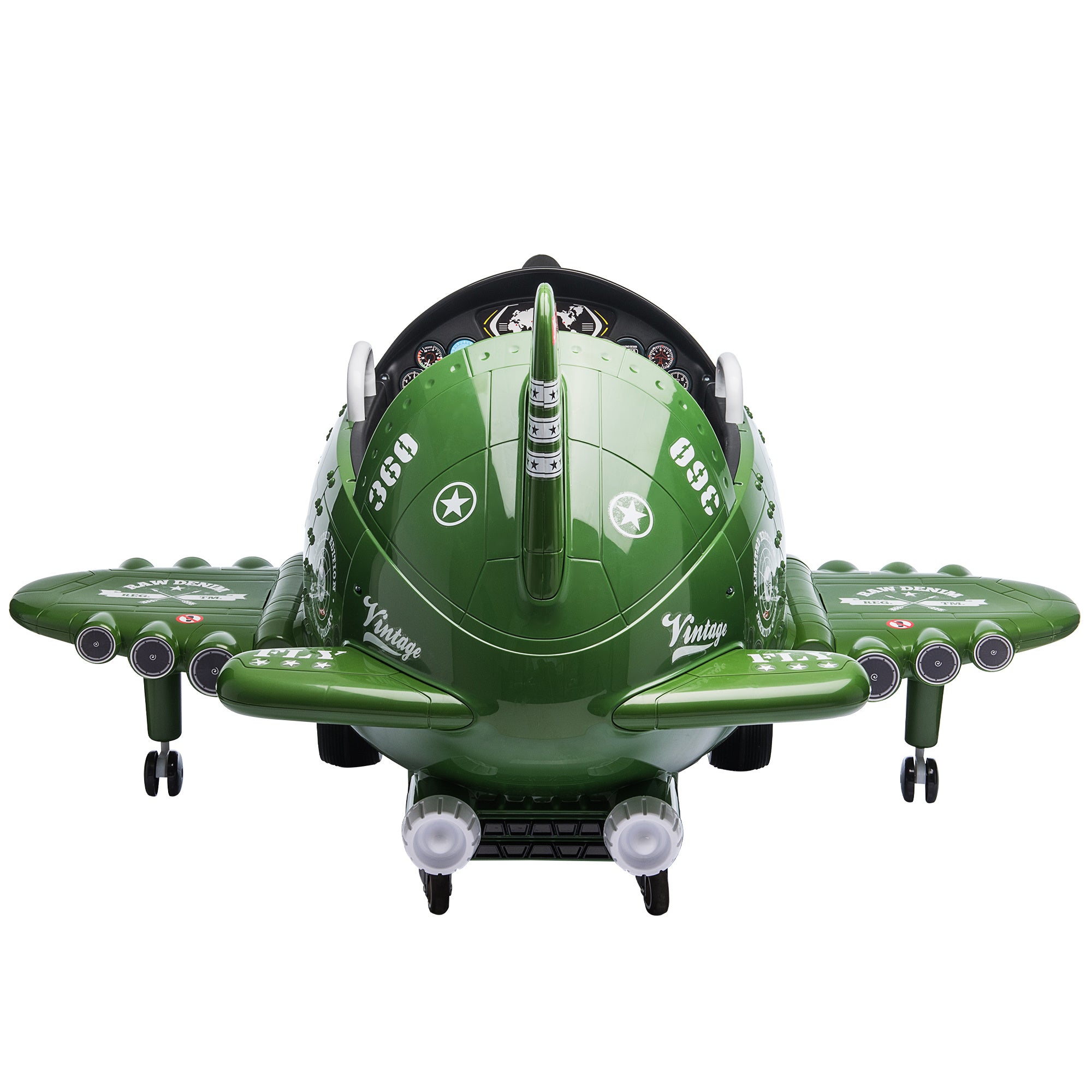 12V Electric Kids Ride on Toy Plane with USB, FM, Wind-Driven Propeller, 360-Degree Rotating by 2 Joysticks, Remote Control for Kids 3 to 6, Army Gree