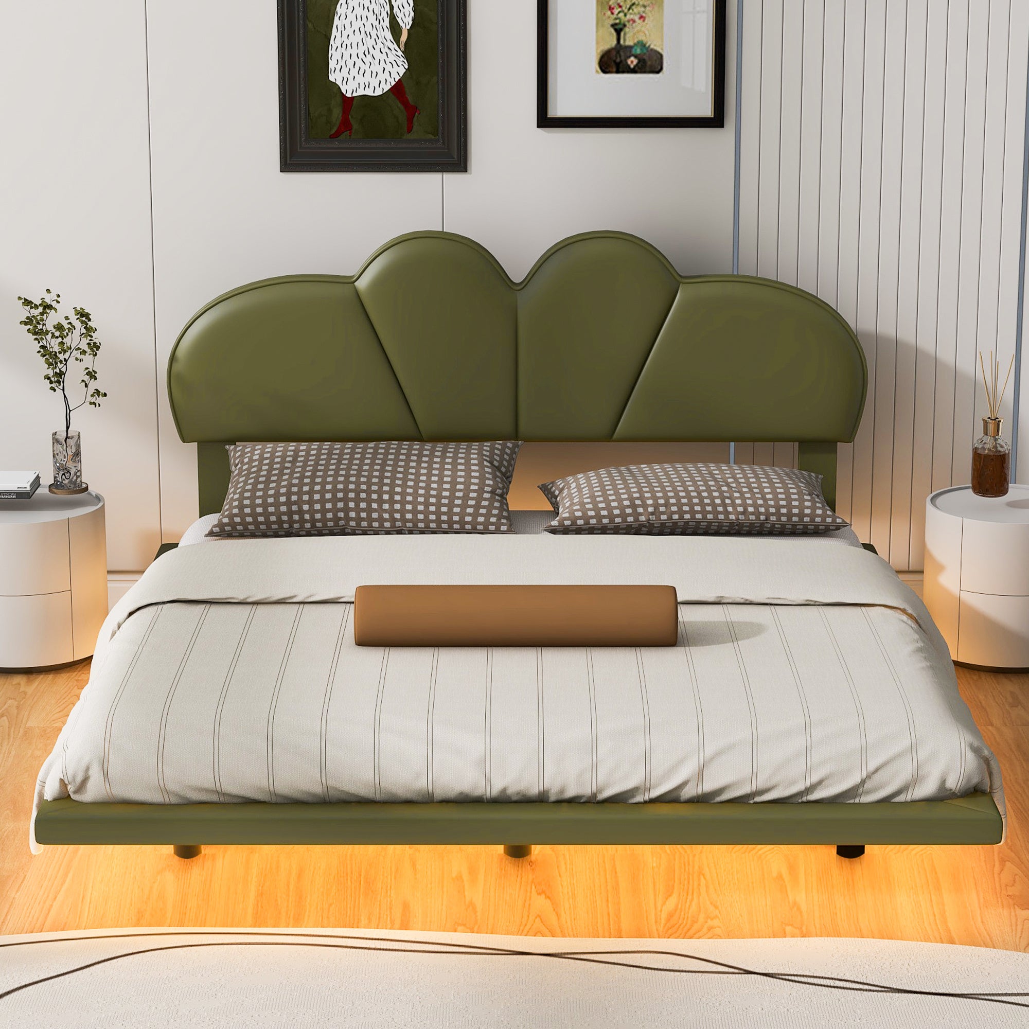 Full Size Upholstery LED Floating Bed with PU Leather Headboard and Support Legs,Green