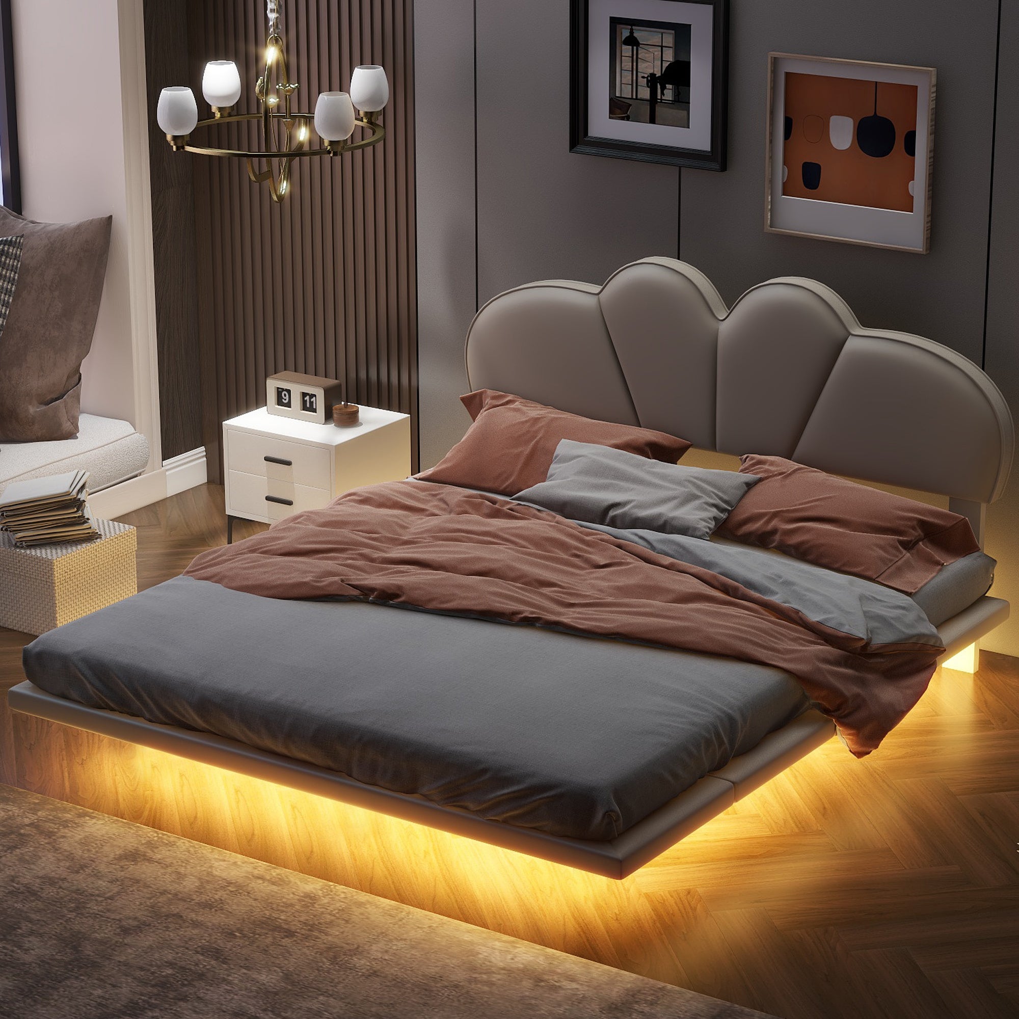 Full Size Upholstery LED Floating Bed with PU Leather Headboard and Support Legs,Beige