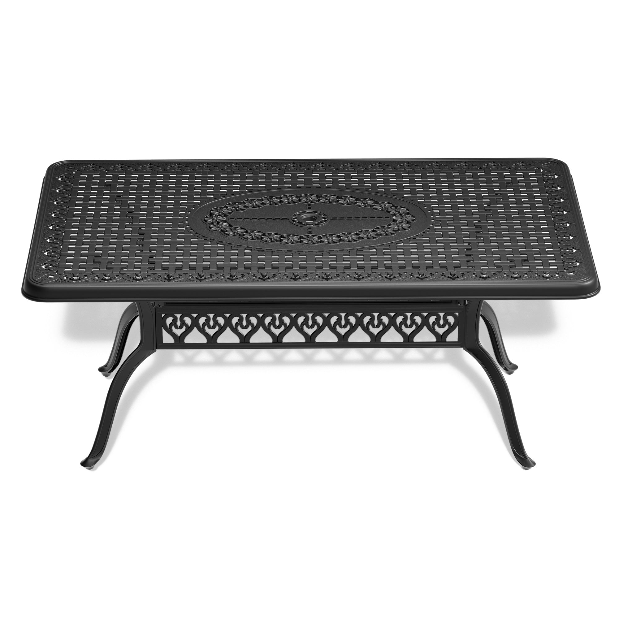 L68.9*W37.4-inch Cast Aluminum Patio Dining Table with Black Frame and Umbrella Hole