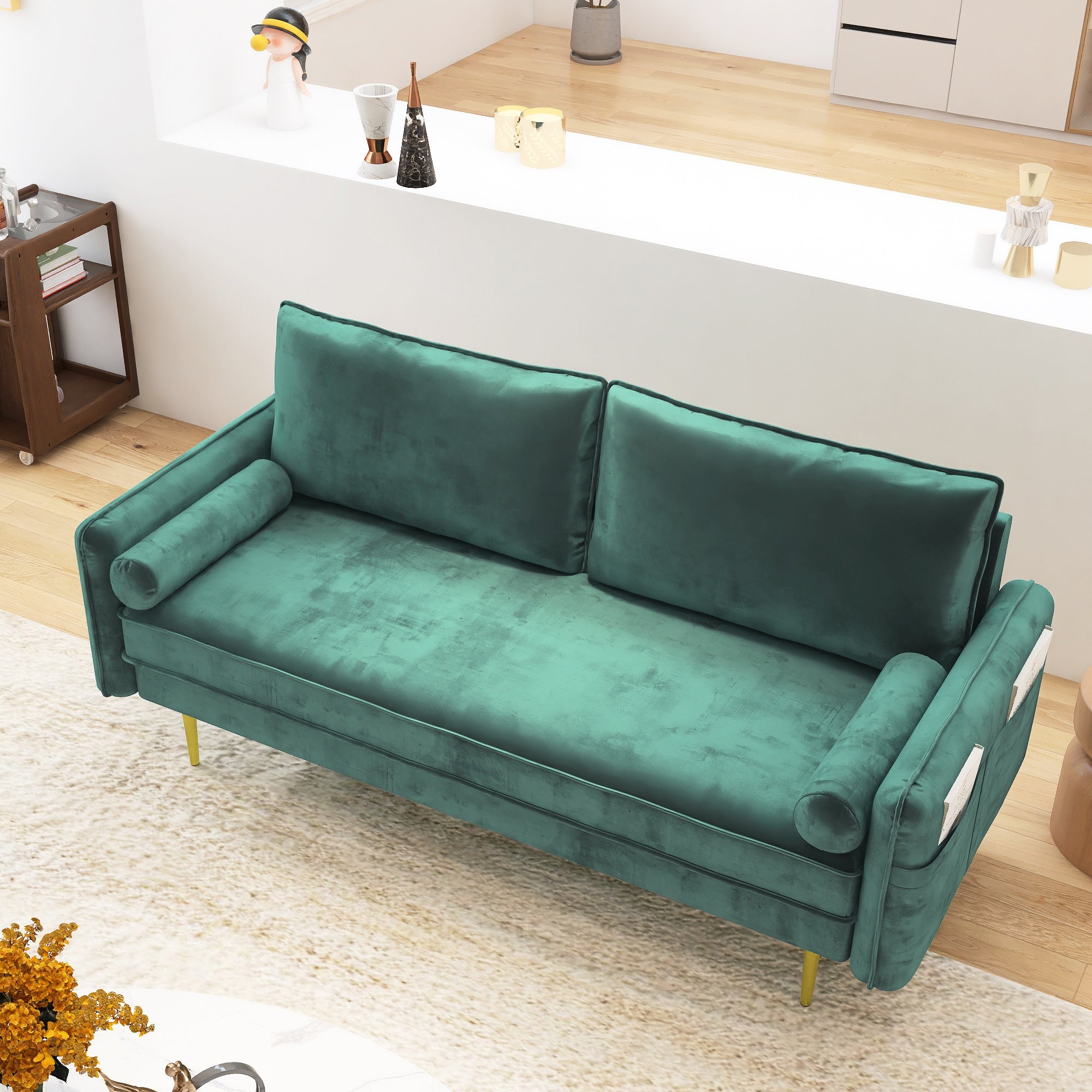 71'' Velvet Sofa,mid century couch with 2 throw pillows & pockets for living room,Green