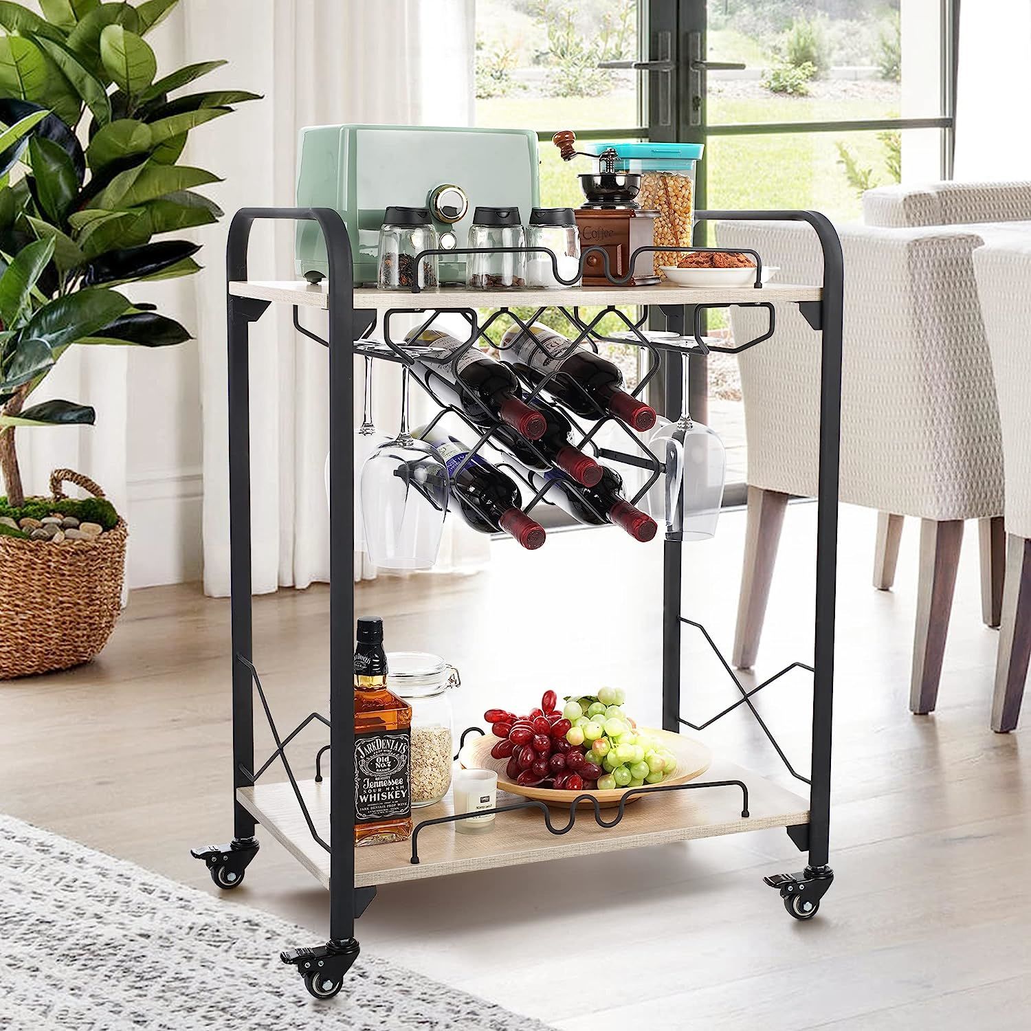 Bar Carts for The Home, 2-Tier Mobile Bar Serving Cart with Wine Racks and Glasses Holders, Wine Cart on Wheels, Beverage Small Bar Cart for Kitchen, Living Room, Wood Color