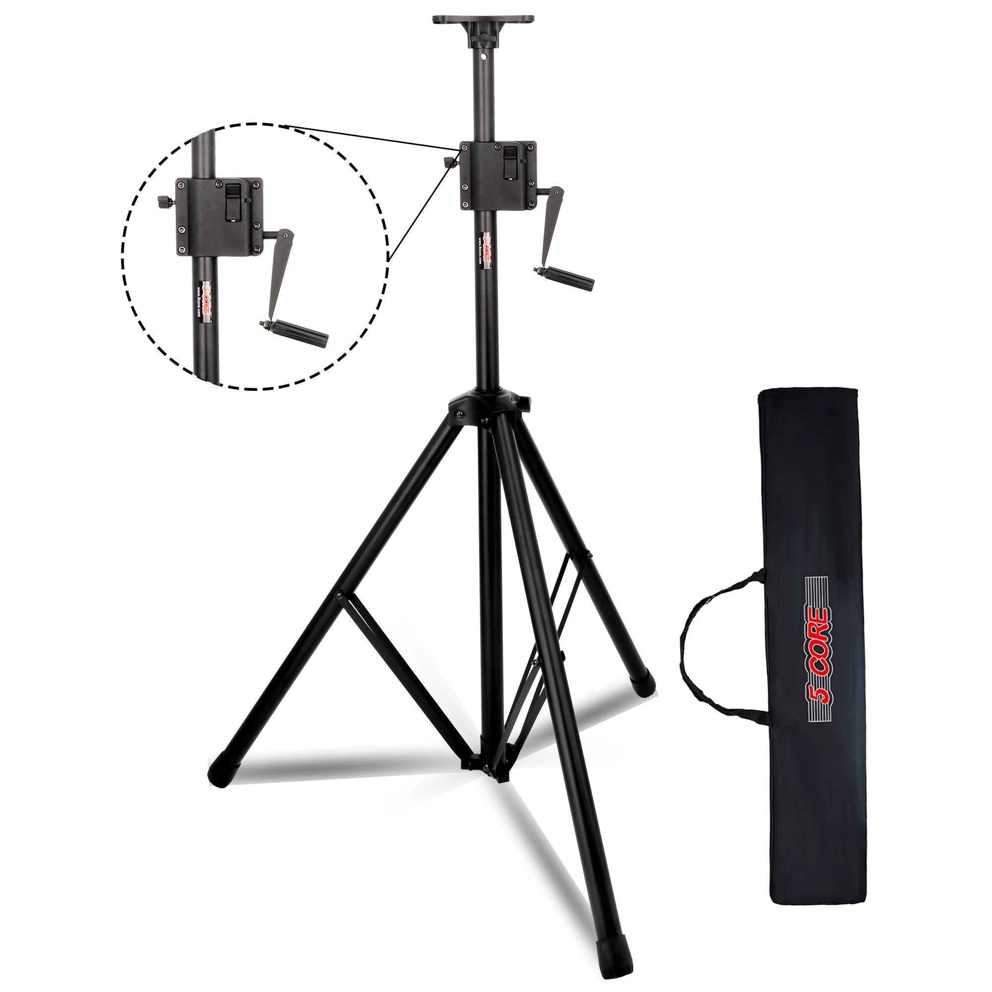 Crank Up Speaker Stand Height Adjustable 48-82 Inches Max Heavy Duty for Stage Light DJ Monitor Holder 185 LB Load Capacity w Safety Switch + Aluminum Mount + Carry Bag Black - 5 Core SS HD Crank