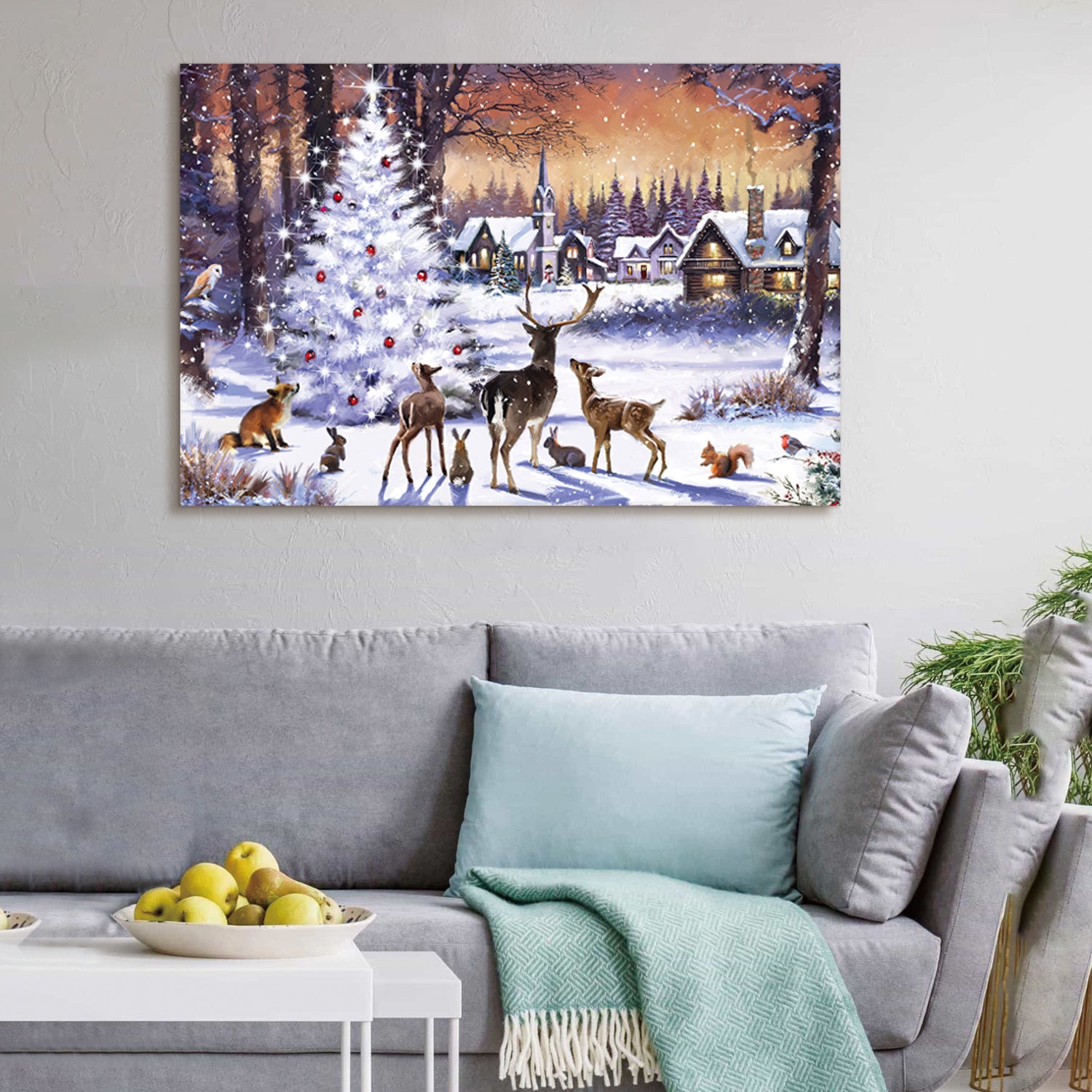 Framed Canvas Wall Art Decor Painting For Chrismas, Cute Animals with Chrismas Tree Gift Painting For Chrismas Gift, Decoration For Chrismas Eve Office Living Room, Bedroom Decor-Ready To Hang