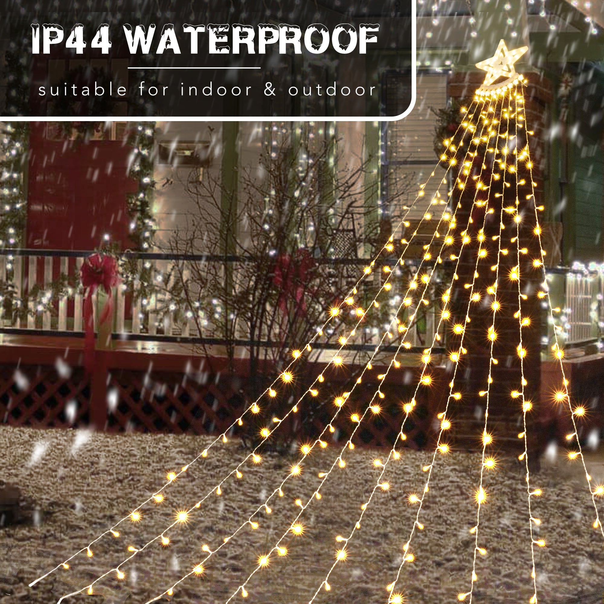 Outdoor Christmas Decorations Lights 350 LED Star String Lights Waterproof 8 Lighting Modes, Xmas Waterfall Lights for Tree Decor, Party, Wedding, Gift (Orange)