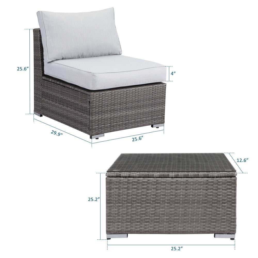 2 Piece Light Grey Sofa Small Armless Single Rattan Sofa Couch Set With Small Couch Table