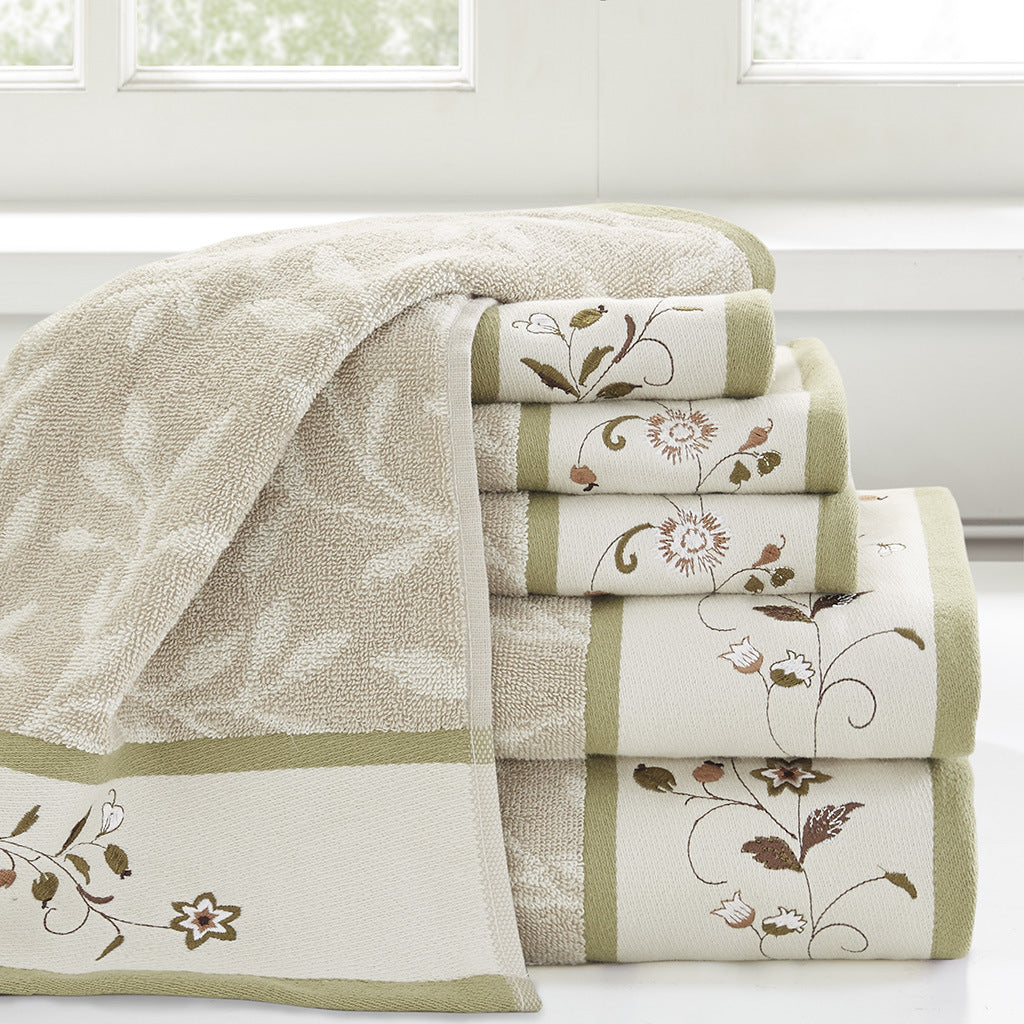 Embroidered Cotton Jacquard 6 Piece Towel Set