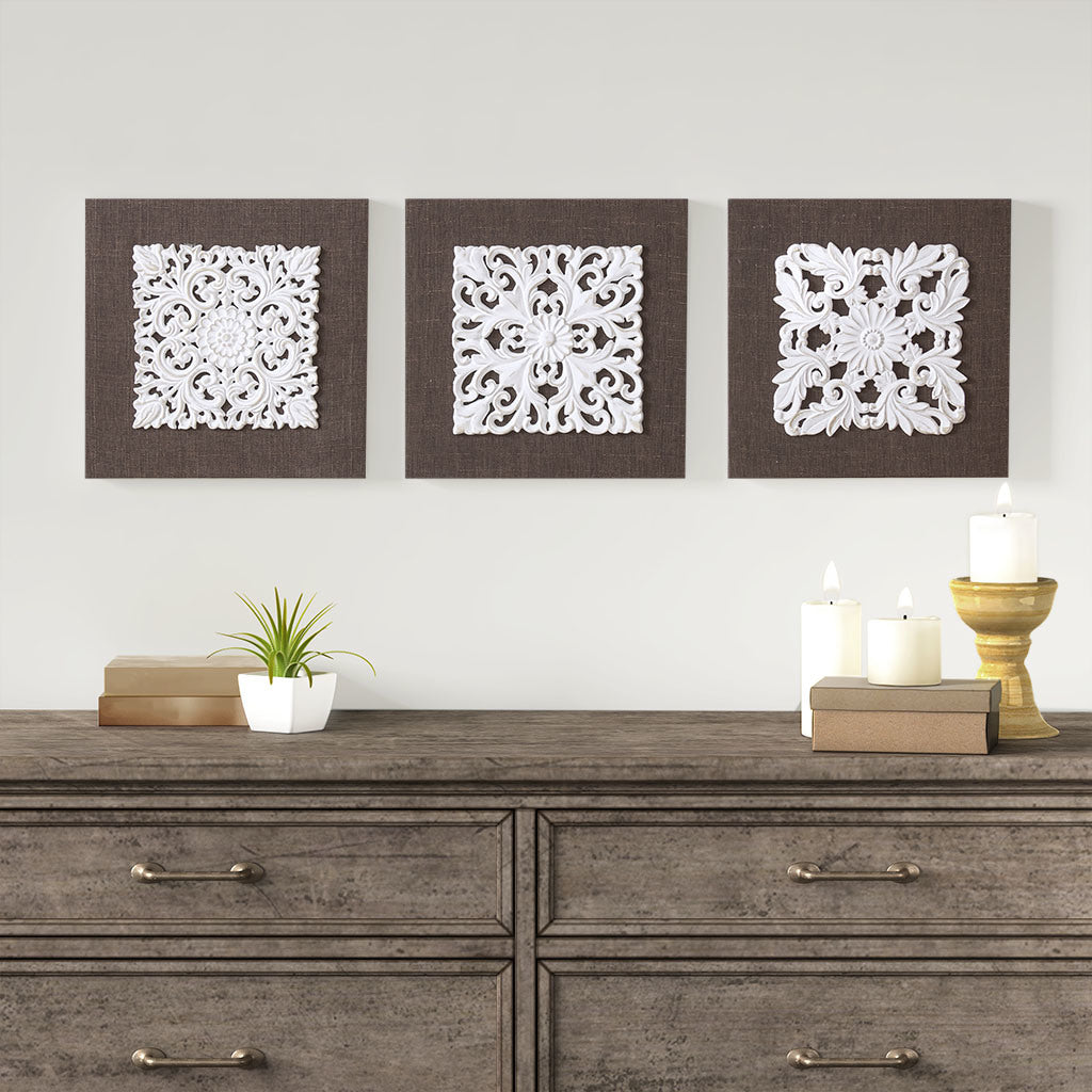 3D Embellished Linen Canvas 3 Piece Wall Art