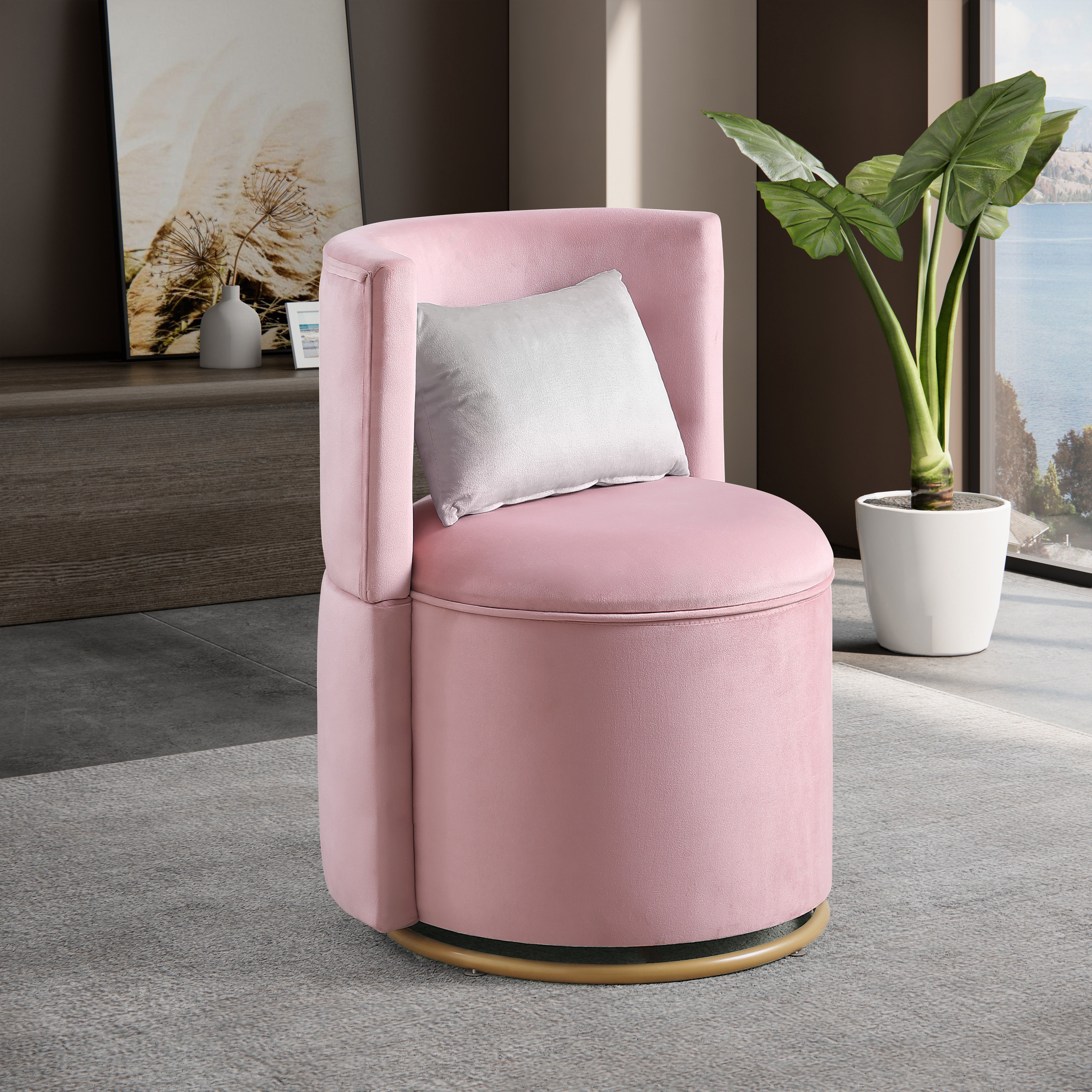 360° Swivel Accent Chair with Storage Function, Velvet Curved Chair with Gold Metal Base for Living Room, Nursery, Bedroom [Video]