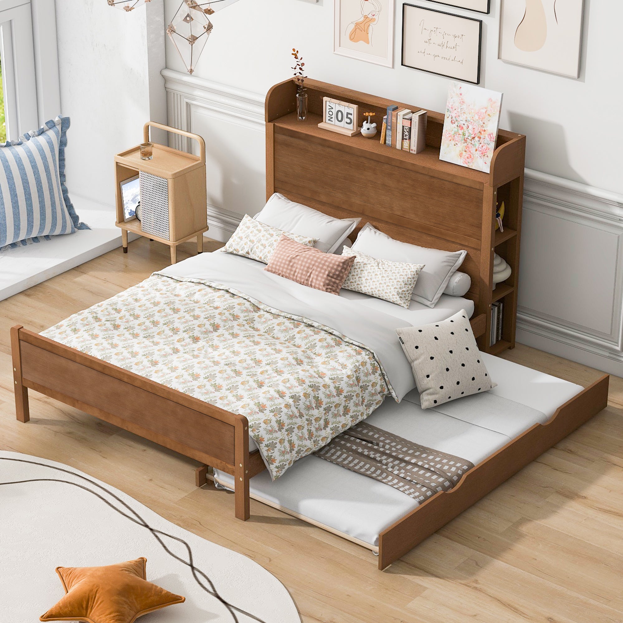 Full Size Platform Bed with Storage Headboard and Twin Size Trundle, Walnut