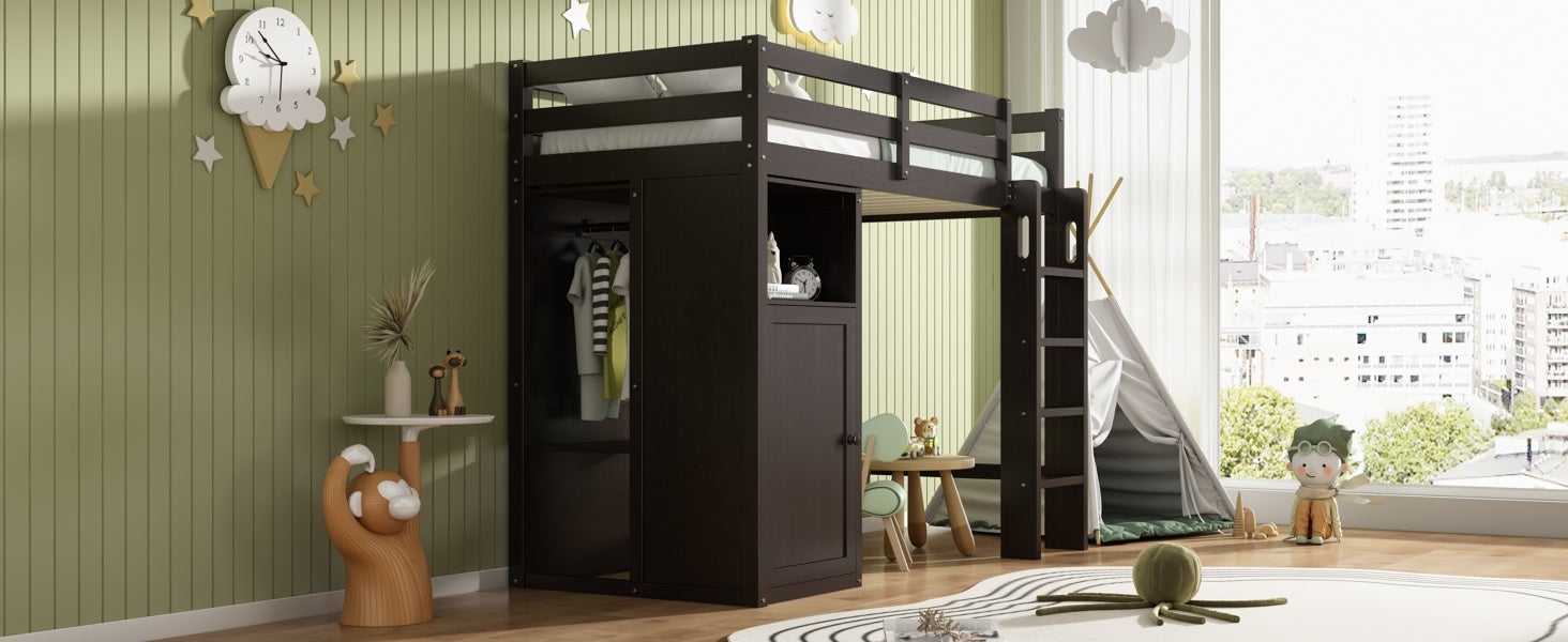 Twin Loft Bed with Wardrobe, Storage Shelves and Ladder, Espresso