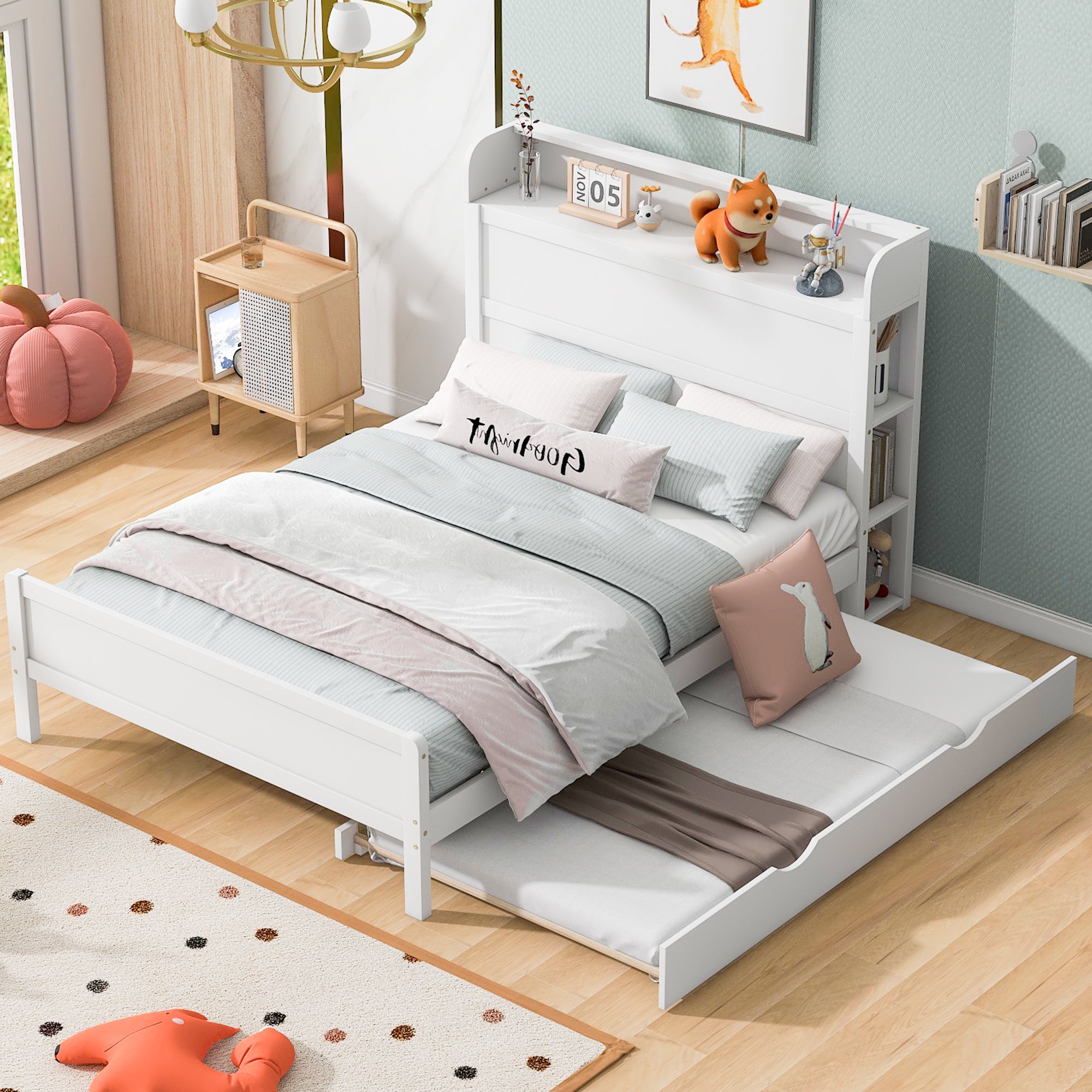 Full Size Platform Bed with Storage Headboard and Twin Size Trundle, White