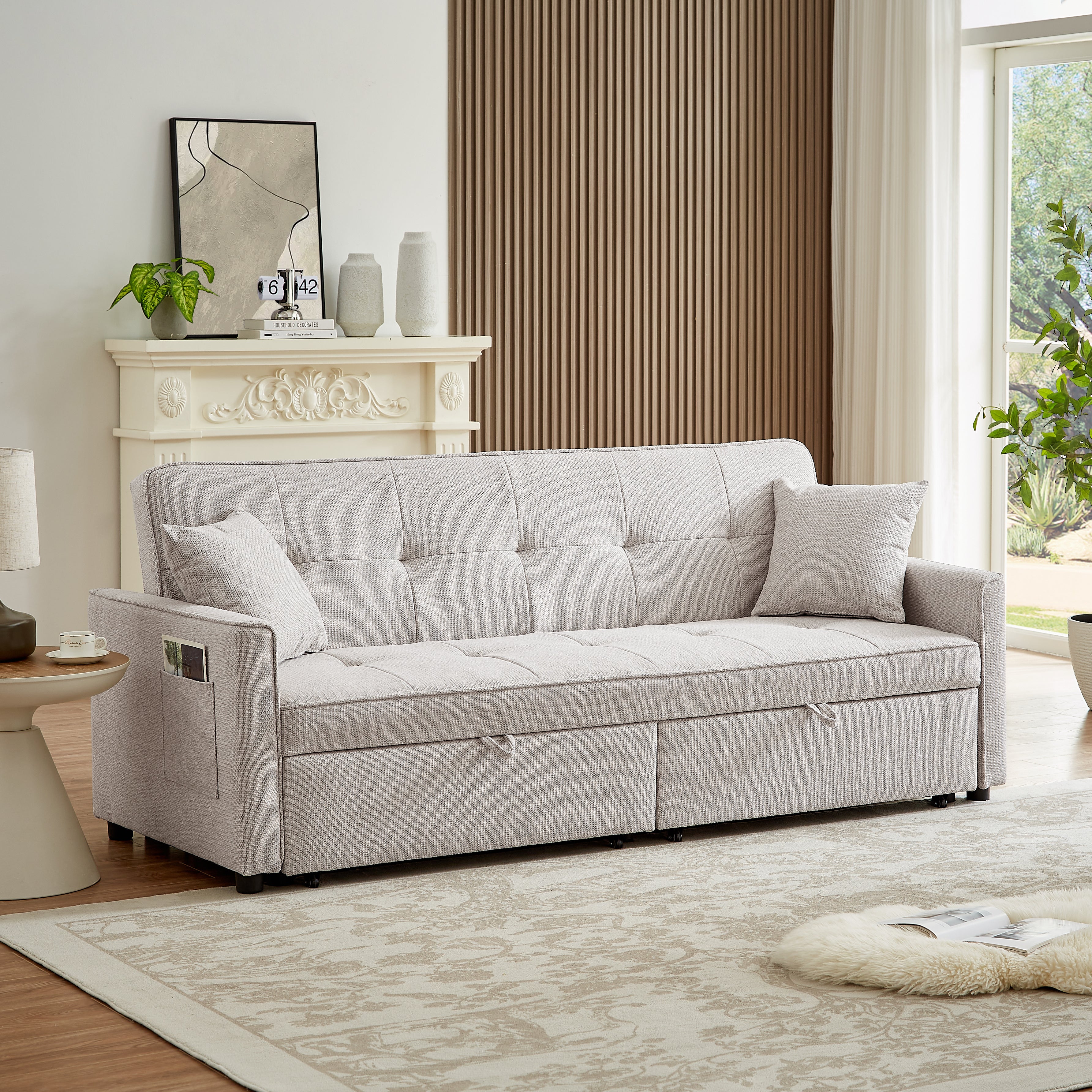 83.47-Inch large size Ivory Fabric 3 in 1 Convertible Sleeper Sofa Bed, for Living Room, Bedroom, Apartment, Office