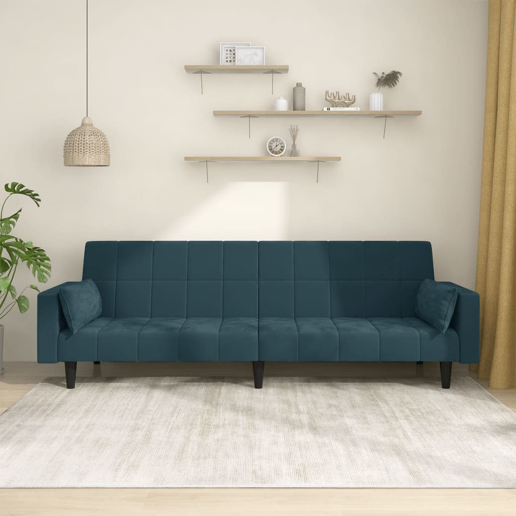 2-Seater Sofa Bed with Two Pillows Blue Velvet