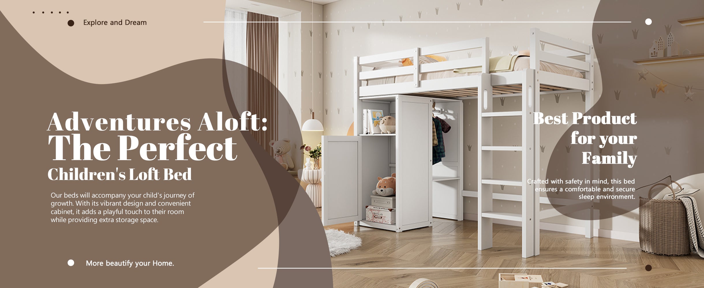 Twin Loft Bed with Wardrobe, Storage Shelves and Ladder, White