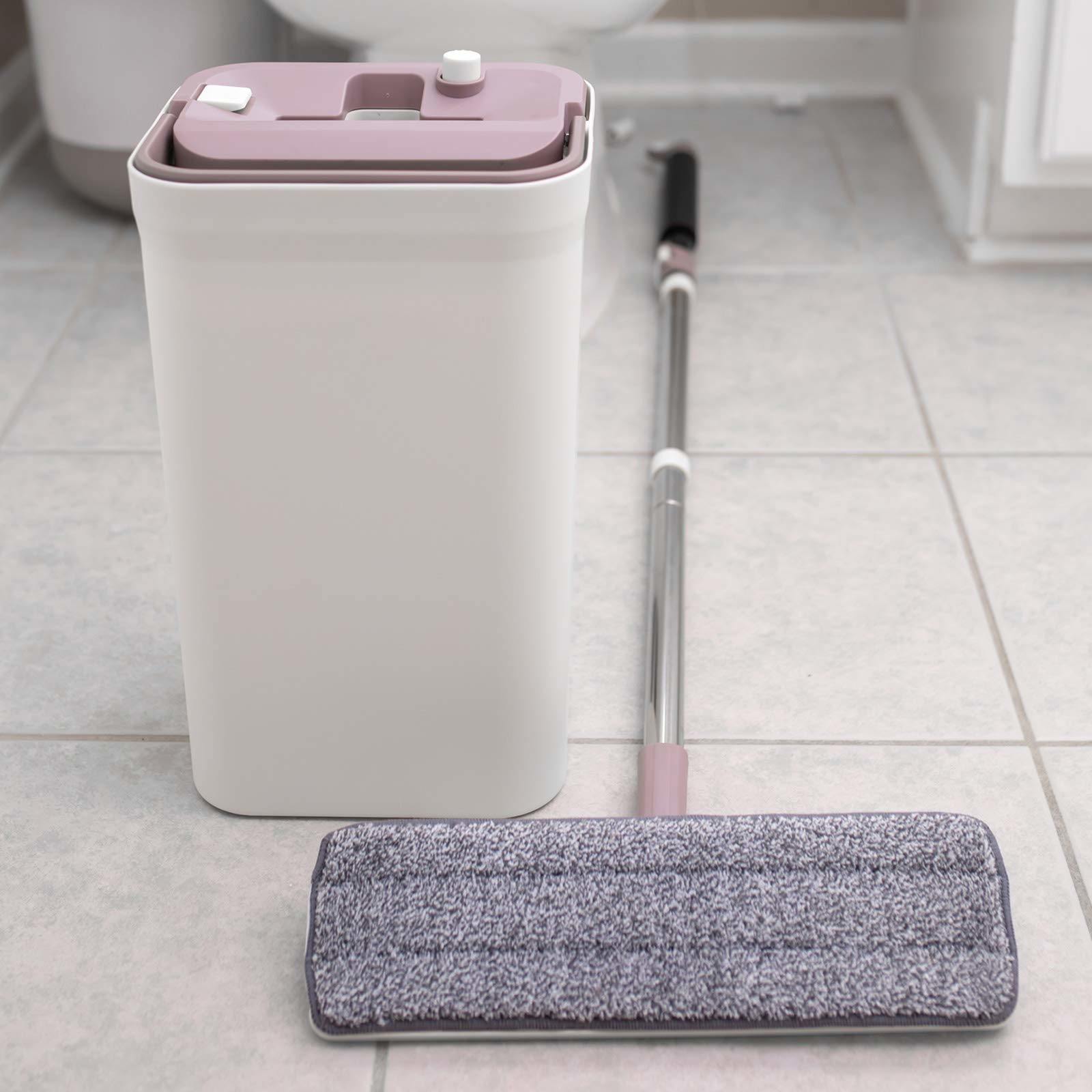 Micro Flat Mop & Bucket System, Hands-Free Wringing Floor Cleaning, 3 Washable & Reusable Microfiber Pads, Wet or Dry Usage on Wood, Marble, Tile, Laminate, Ceramic and Vinyl Floors