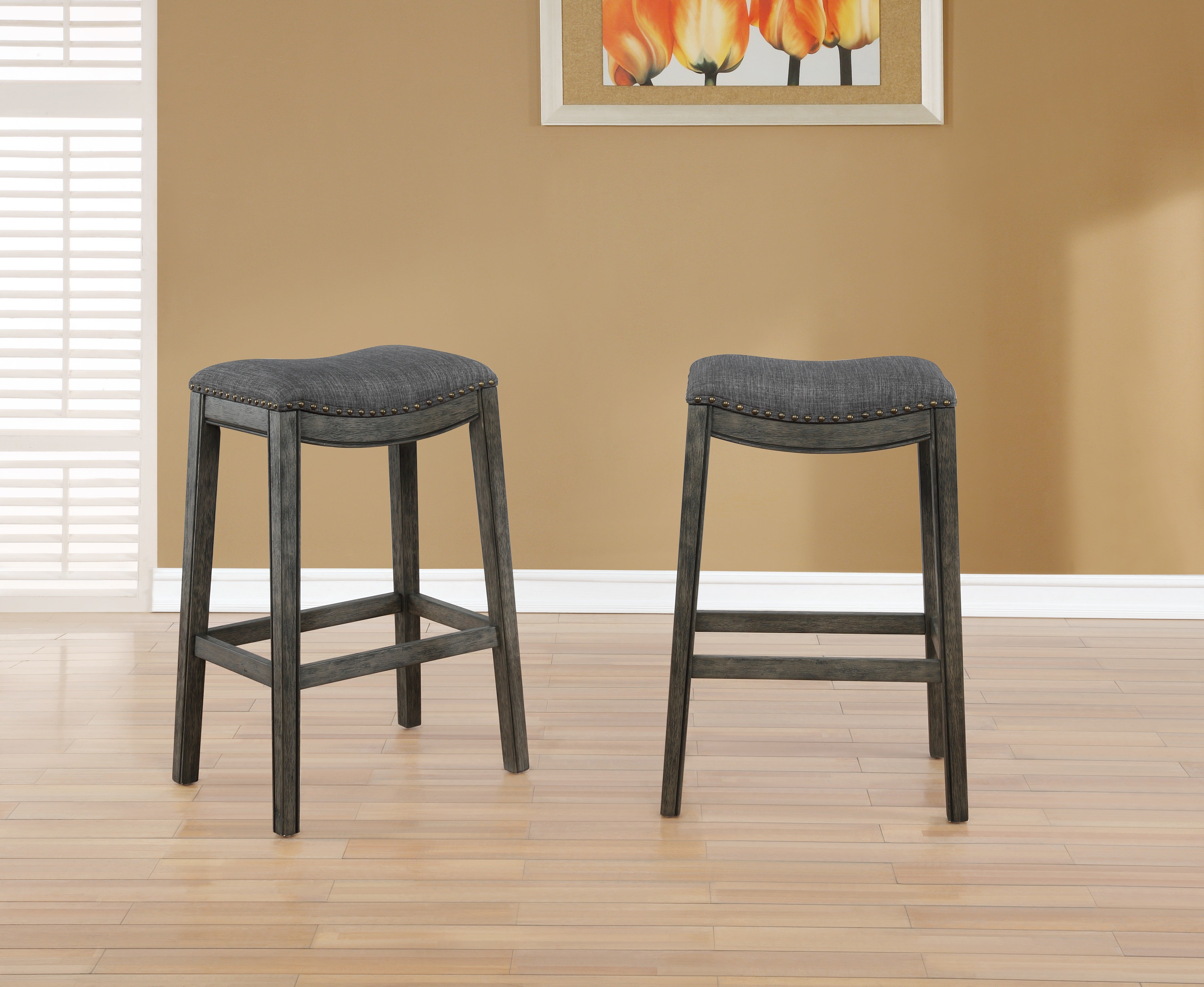 Maroni Whitewash Finish Faric Upholstery Nailheaded Saddle Barstool in Gray, Set of 2