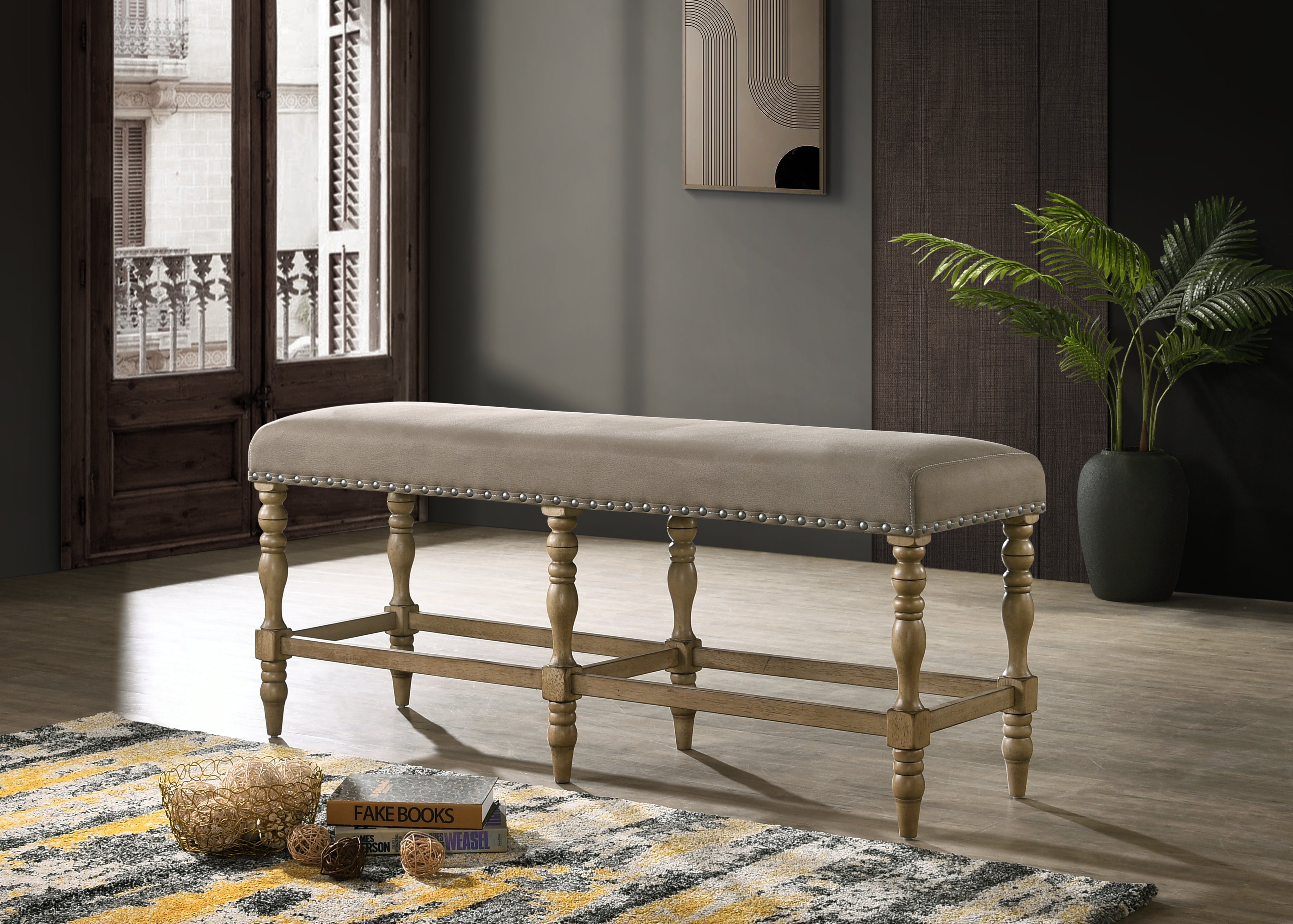 Birmingham Microfiber Upholstered Counter Height Bench with Nail Head Trim in Driftwood Finish