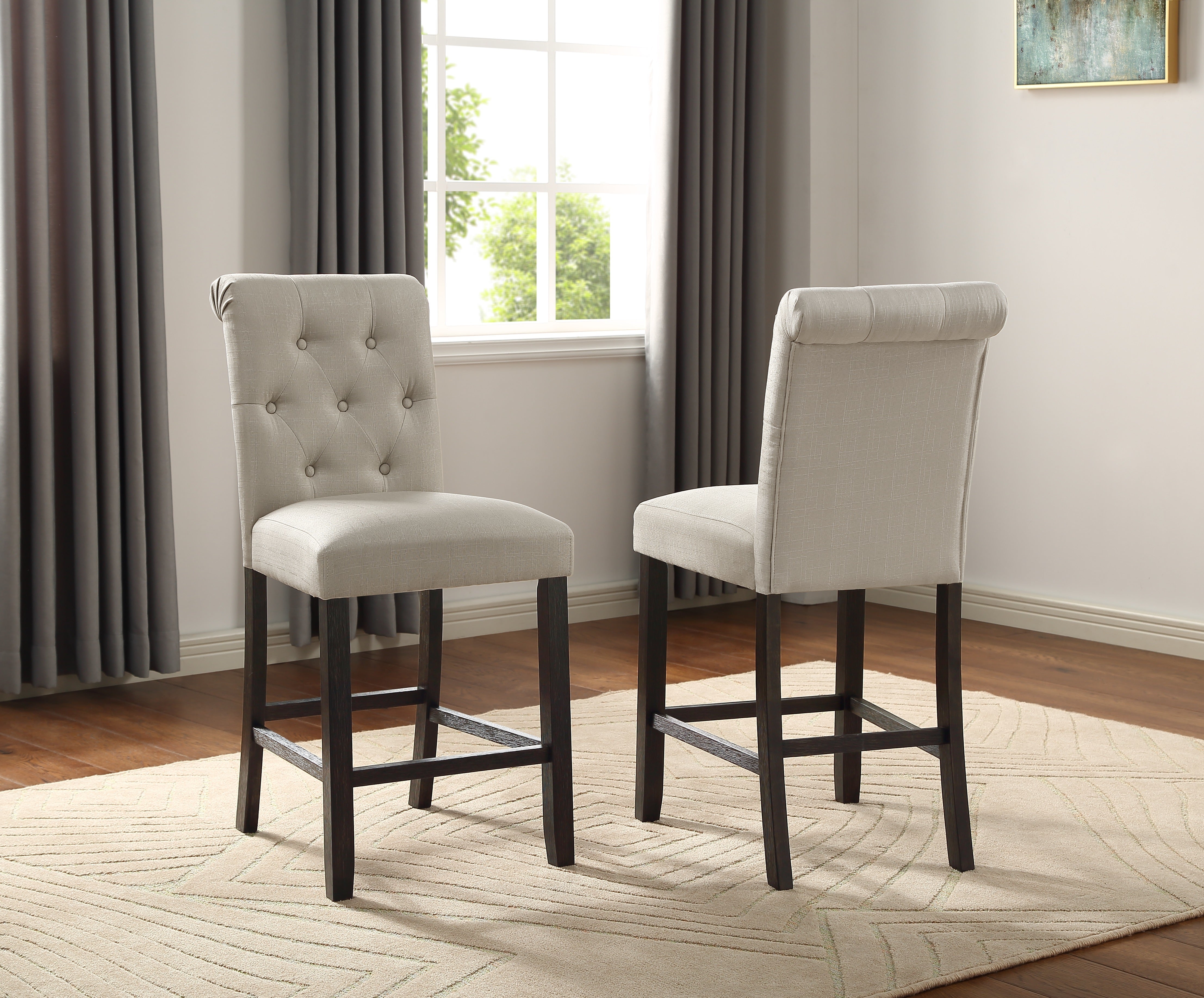 Leviton Solid Wood Tufted Asons Counter Height Stool, Set of 2, Tan