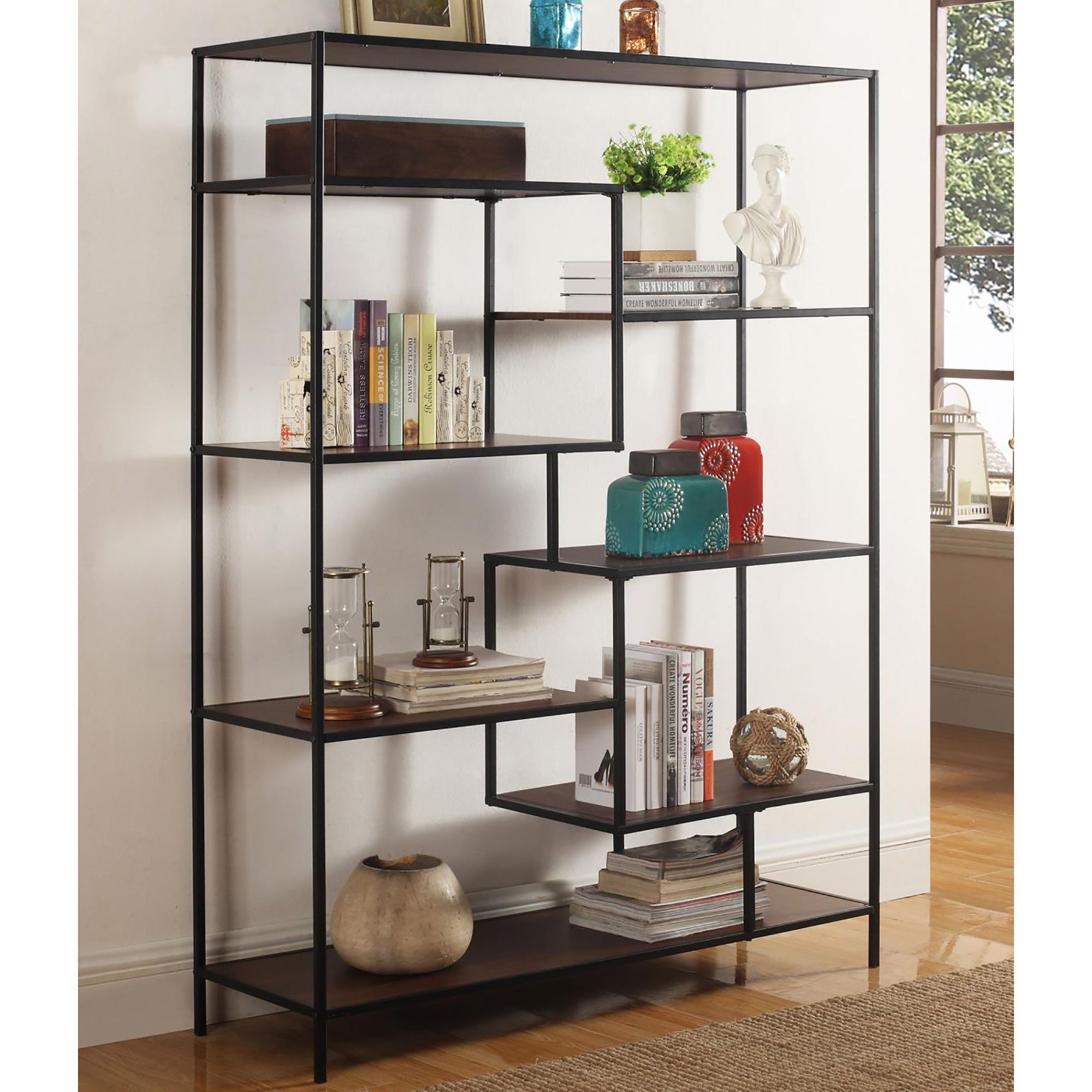 Walnut and Black Staggered Tier Bookcase