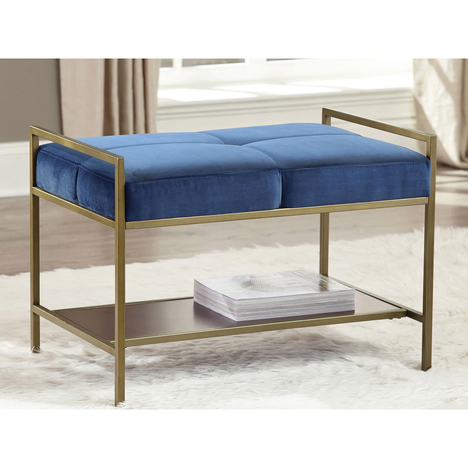 Navy Blue and Gold Upholstered Bench with Bottom Shelf