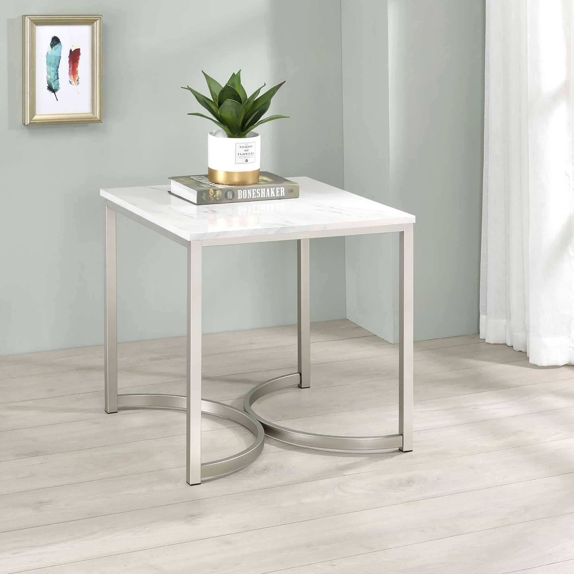 White Faux Marble and Satin Nickel Coffee Table