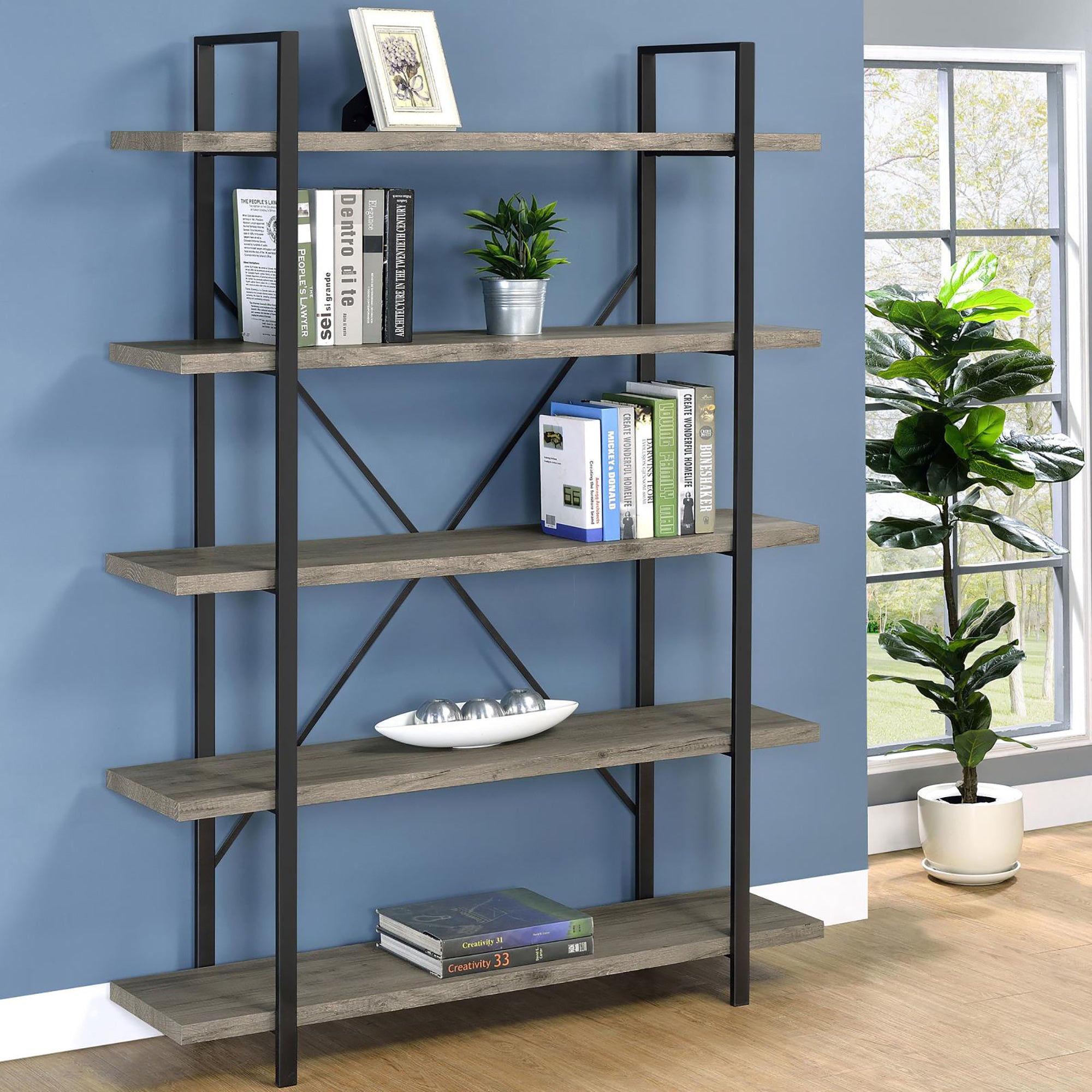 Grey Driftwood and Gunmetal 5-tier Bookcase