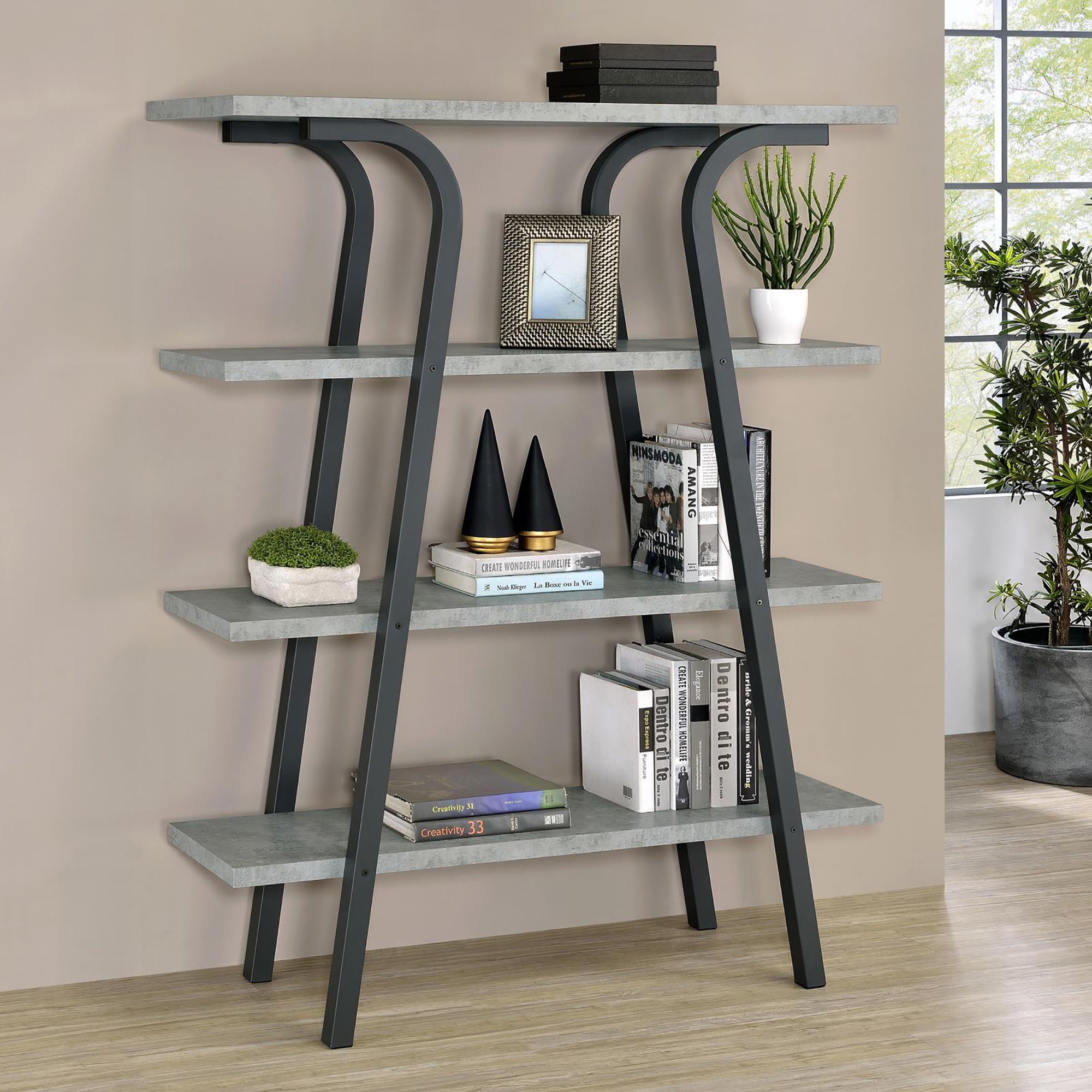 Cement and Gunmetal 3-Shelf Rectangular Bookcase