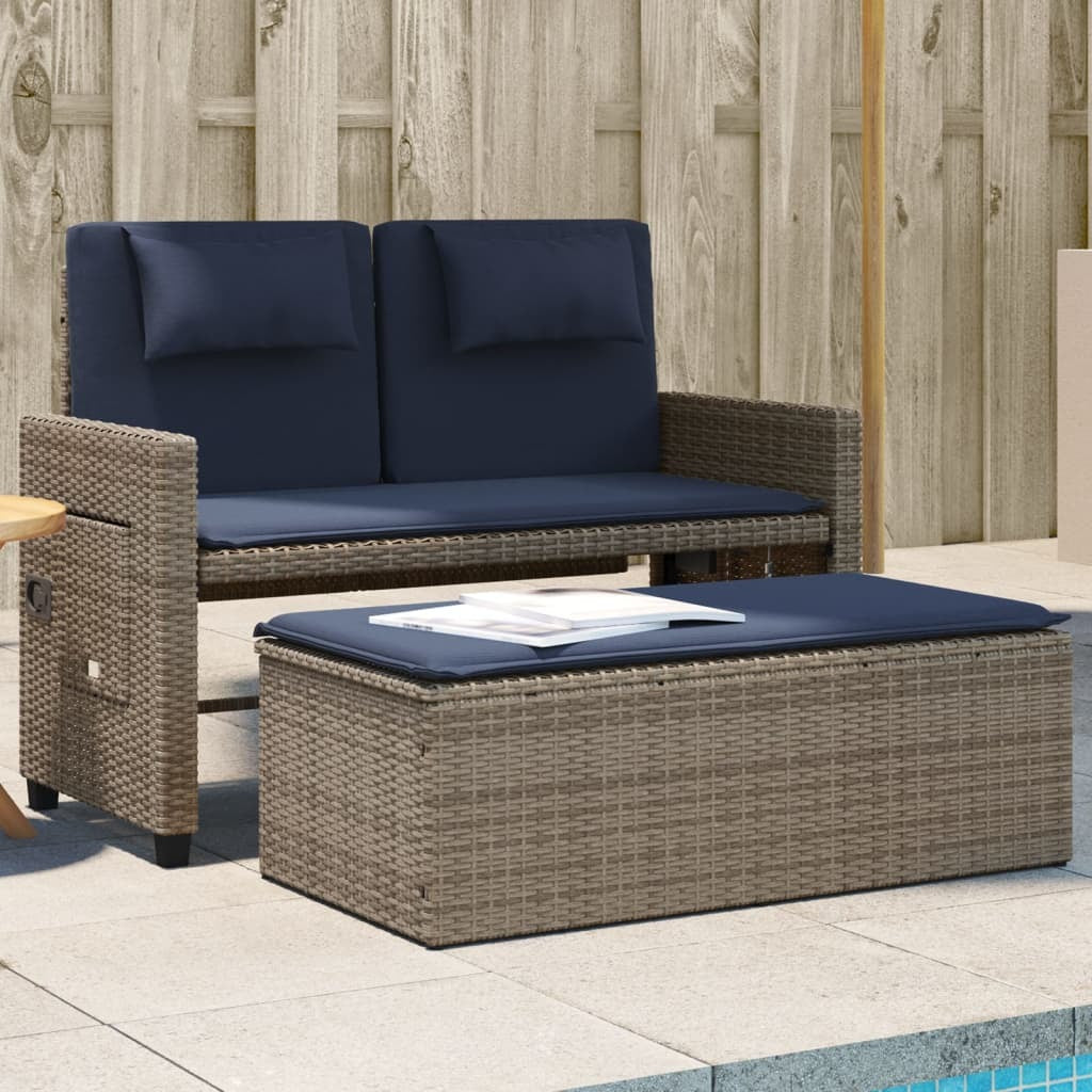 Reclining Patio Bench with Cushions Gray Poly Rattan