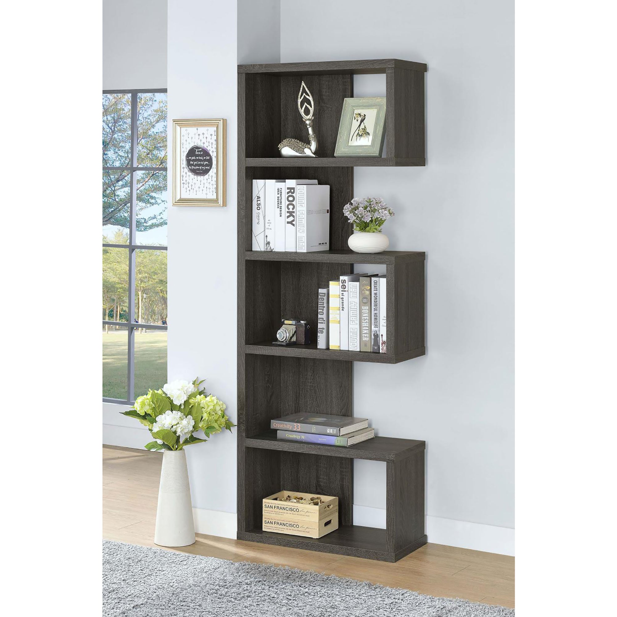 Woodley Weathered Grey 5-Shelf Bookcase