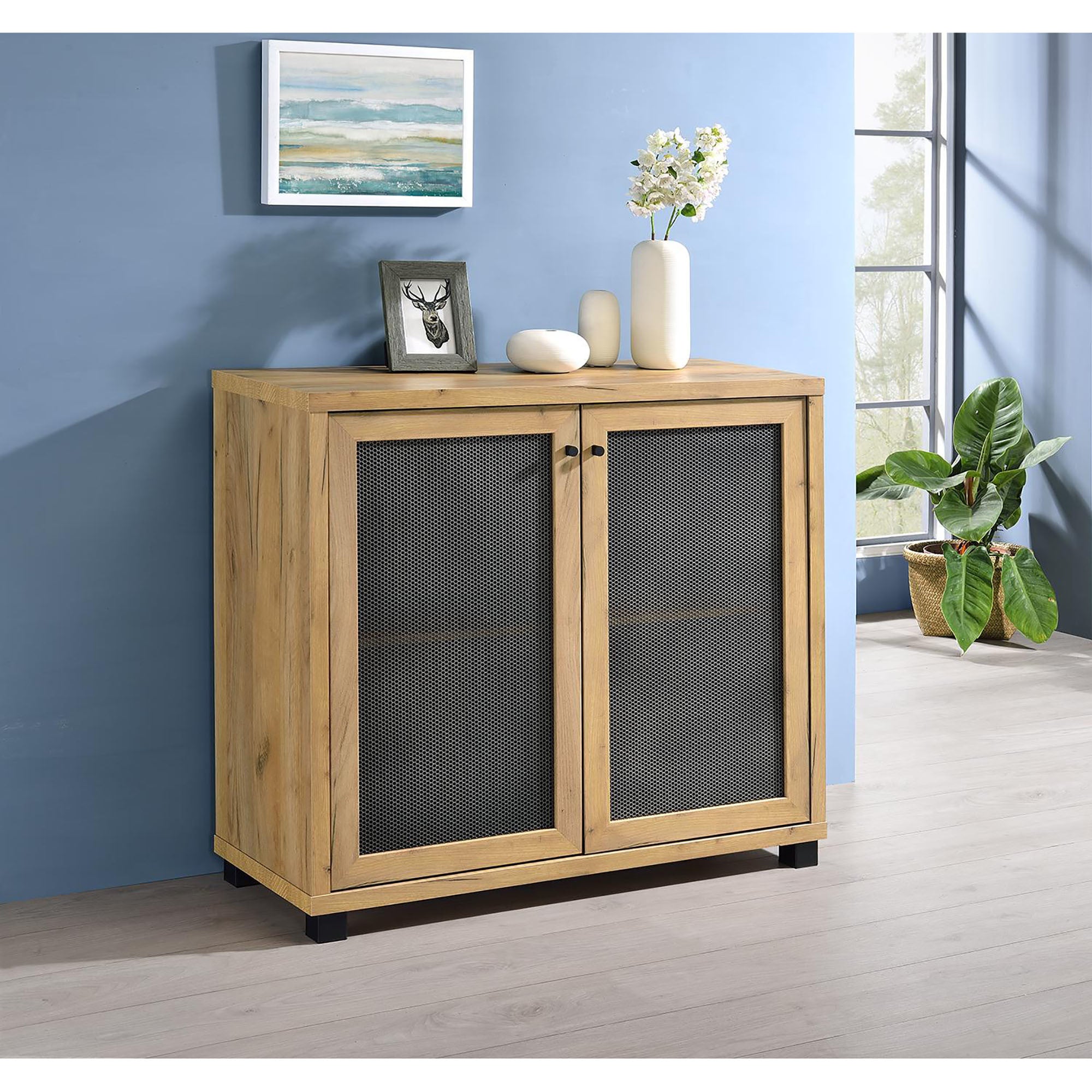 Golden Oak Accent Cabinet with Mesh Door