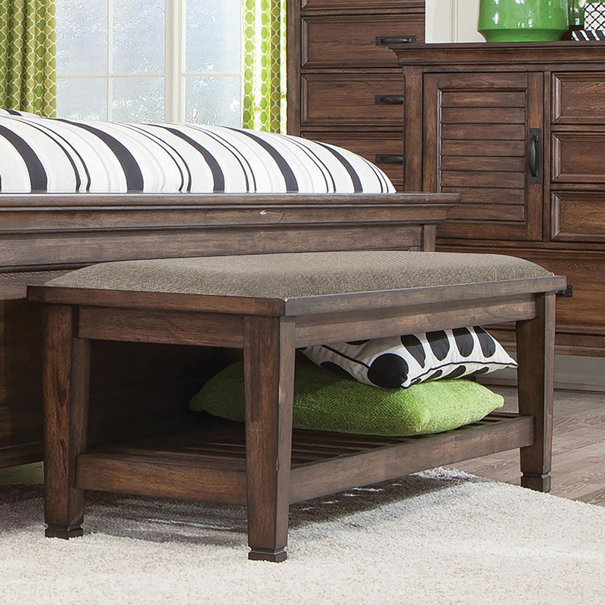 Brown and Burnished Oak Upholstered Bench with Lower Shelf
