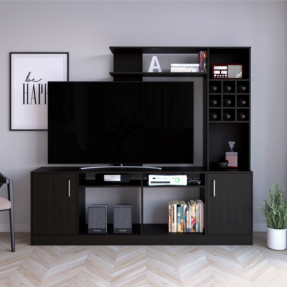 Kava Entertainment Center, Six External Shelves, Double Door Cabinet, Storage Spaces for TV´s up 37" -Black