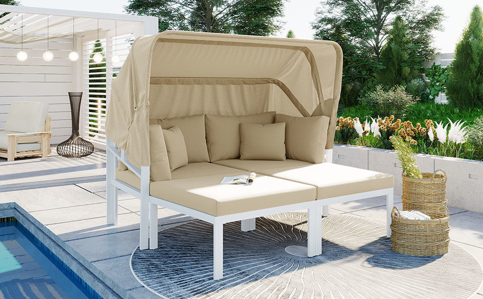 TOPMAX 3-Piece Patio Daybed with Retractable Canopy Outdoor Metal Sectional Sofa Set Sun Lounger with Cushions for Backyard, Porch, Poolside, Beige