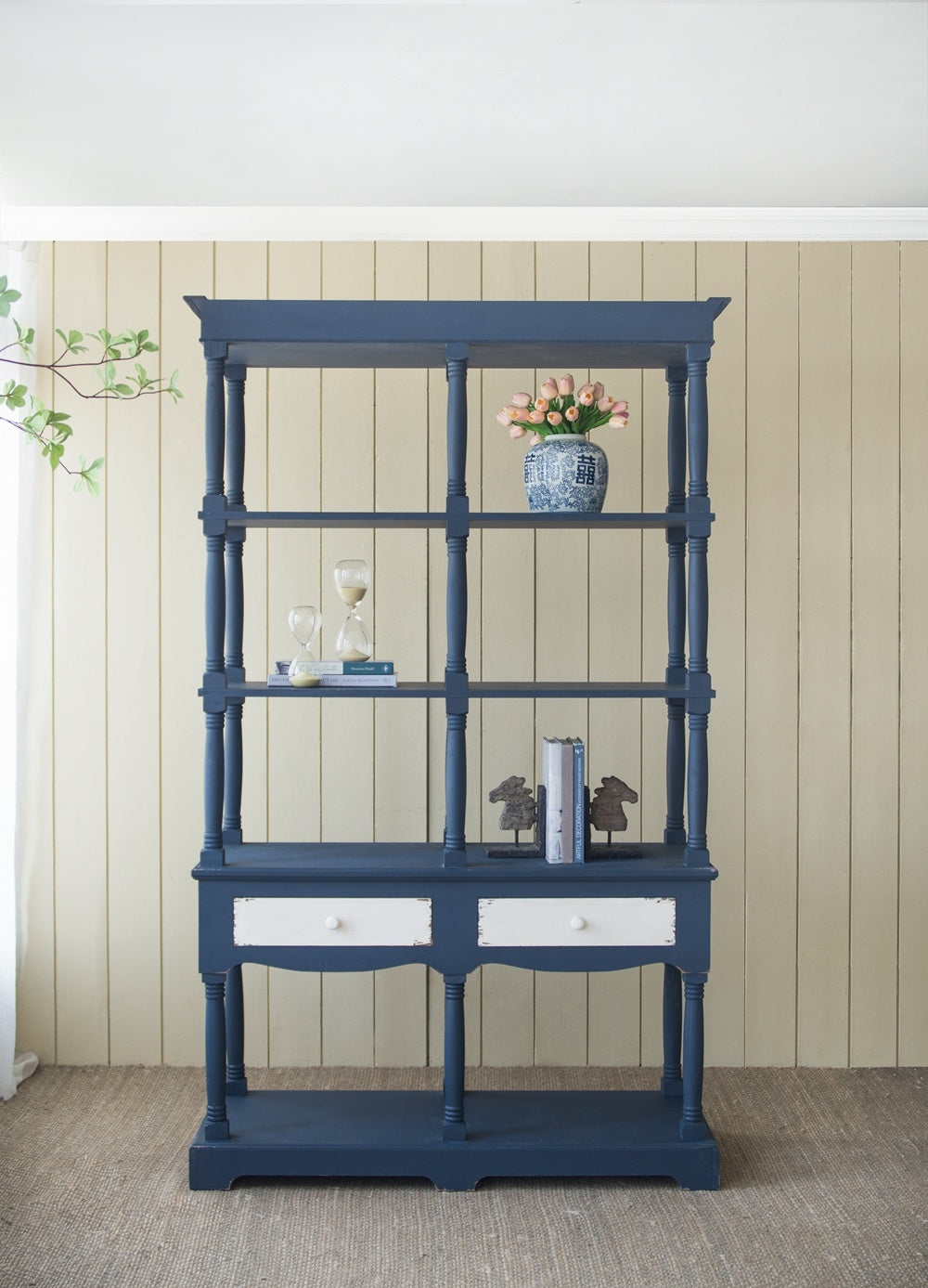 51x19.5x81.5", Blue Four Tiered Wooden Shelf with Two Drawers, Farmhouse Wood Bookcase Display Storage Shelf Etageres