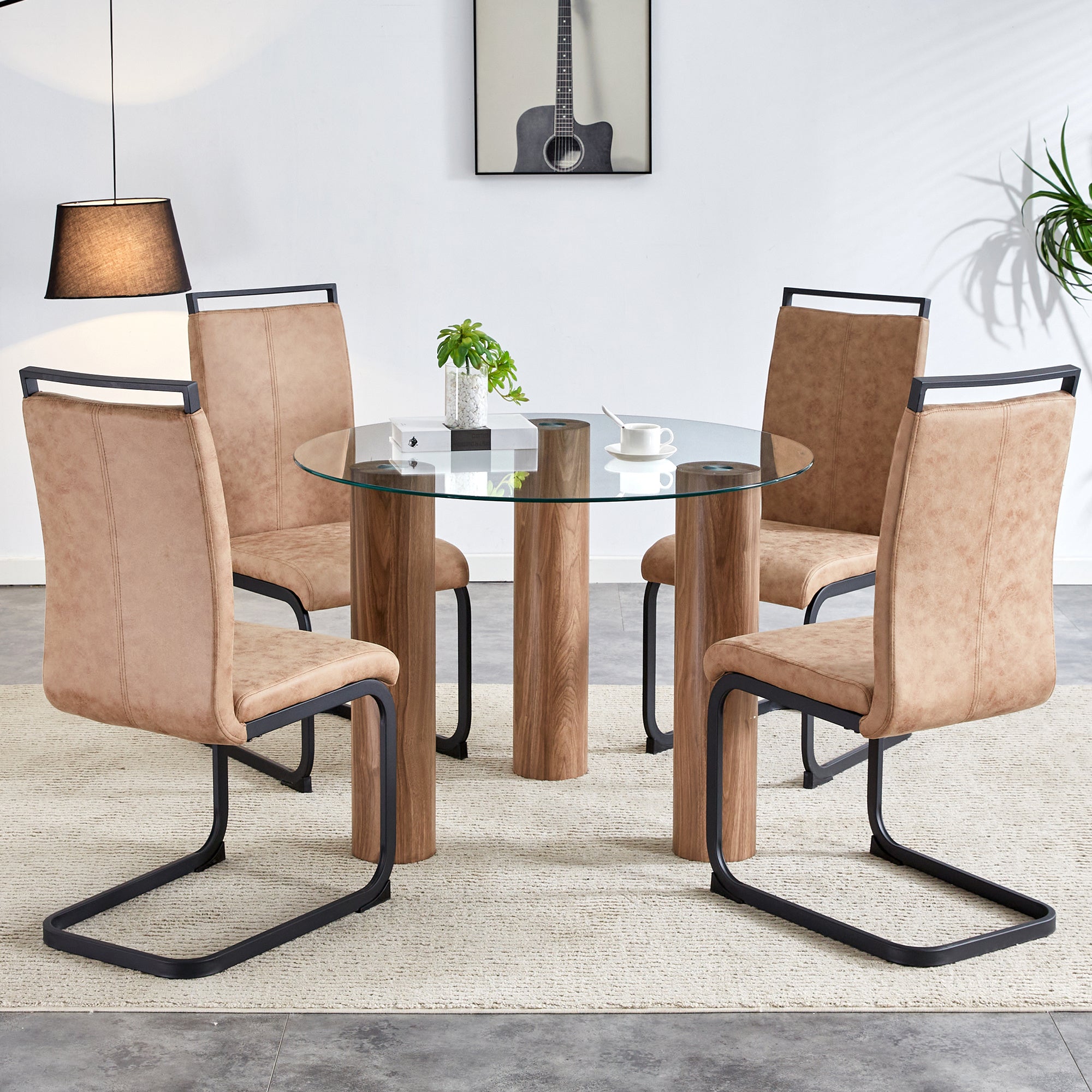 A modern and practical circular dining table. Made of transparent glass tabletop and wooden MDF table legs. 4-piece technology cloth high backrest cushion side chair with C-shaped black metal legs.